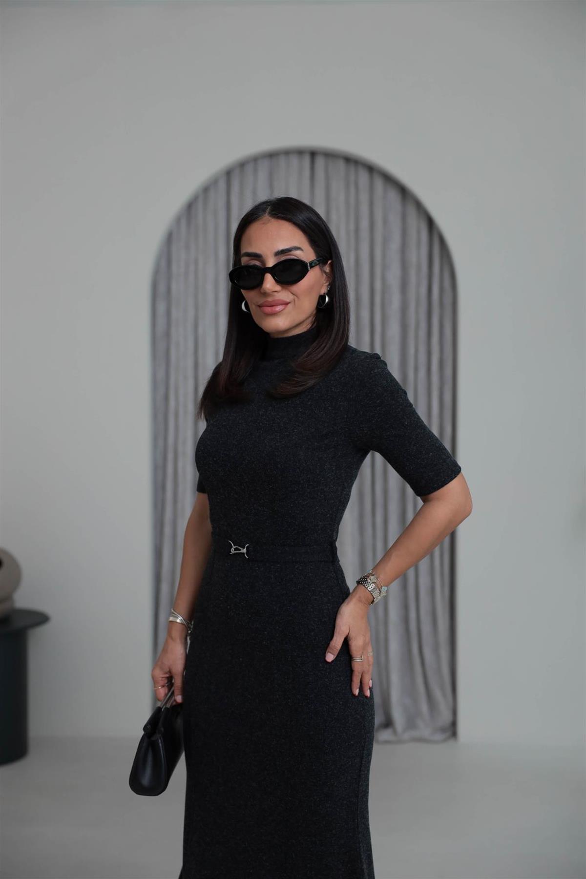 7297 Kemerli Yumuşak Dokulu Elbise ANTRASİT