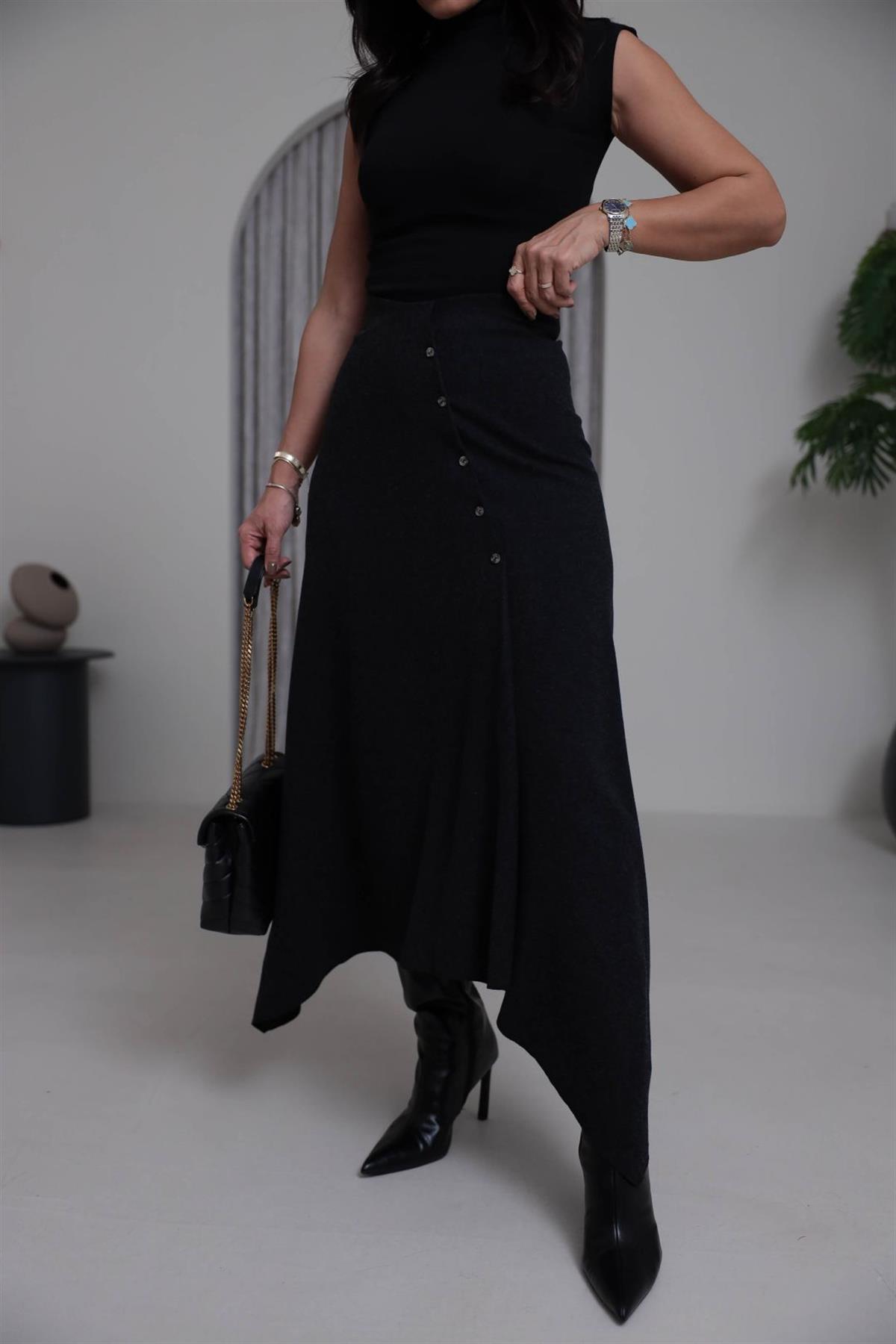 7298 Verev Düğmeli Asimetrik Etek ANTRASİT