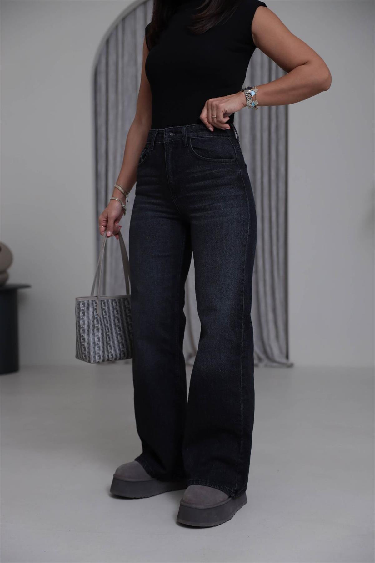 Yüksek Bel Wide Leg Jean YIKAMALI SİYAH