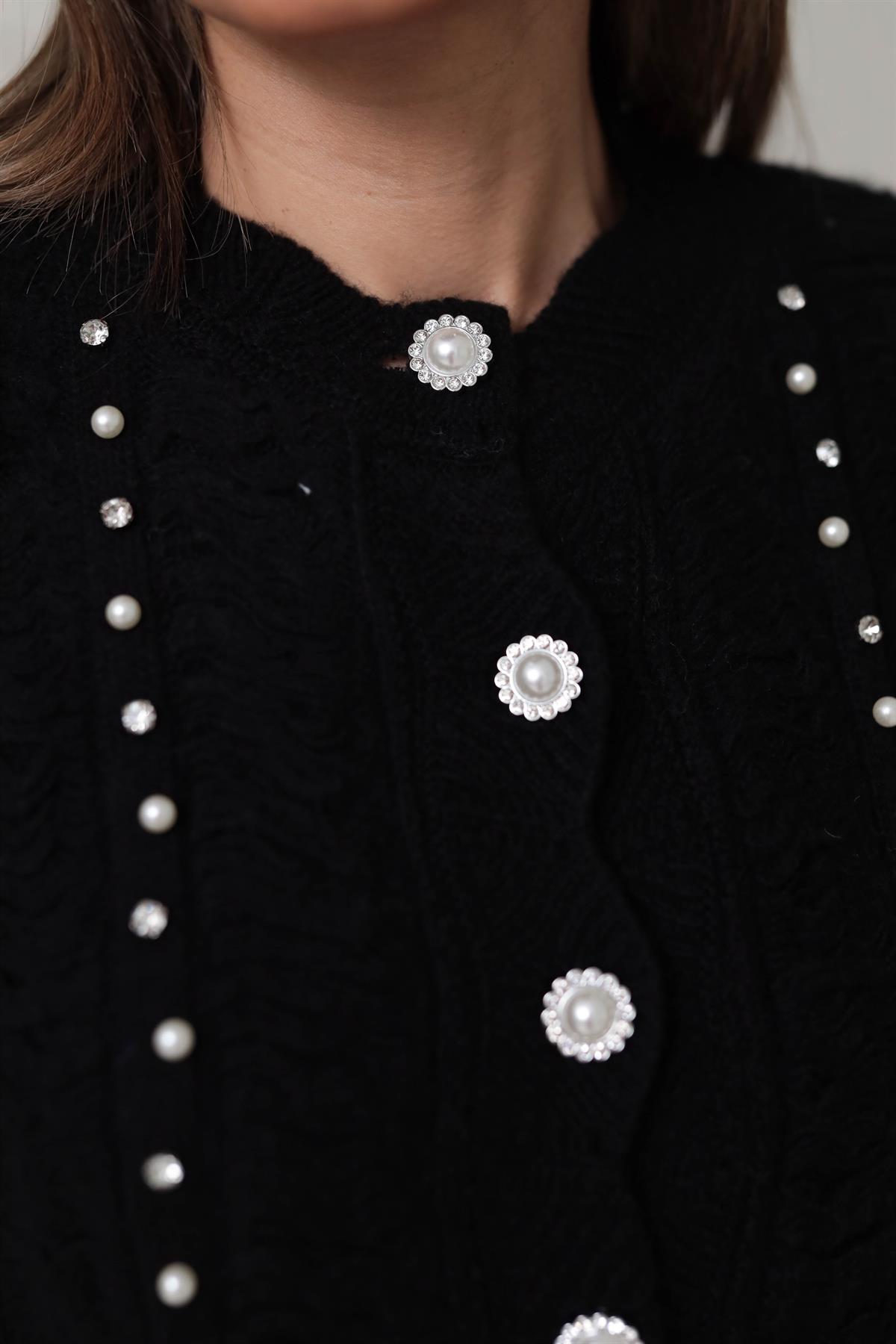 0122 Taş ve İnci Detaylı Hırka SİYAH