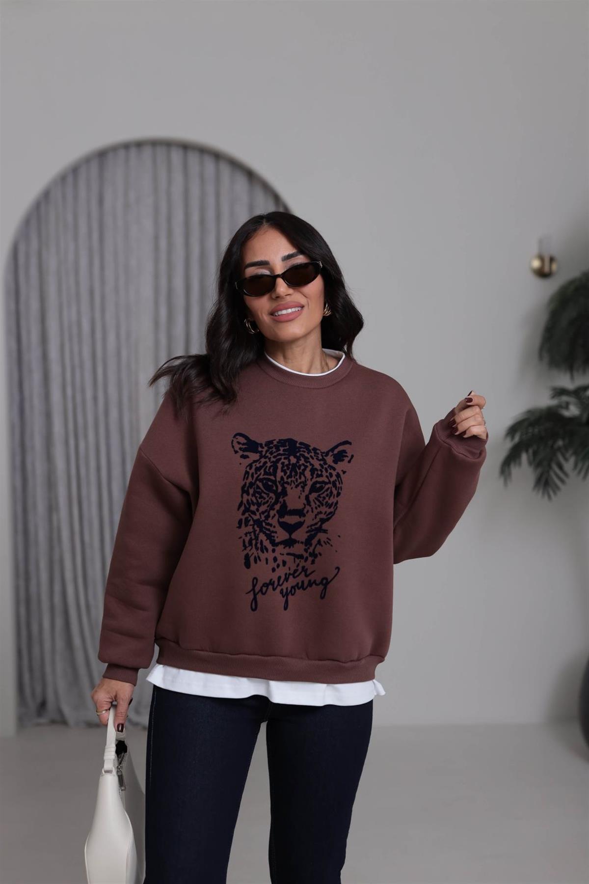 0612 Leopar Baskılı Şardonlu Garnili Sweatshirt KAHVE