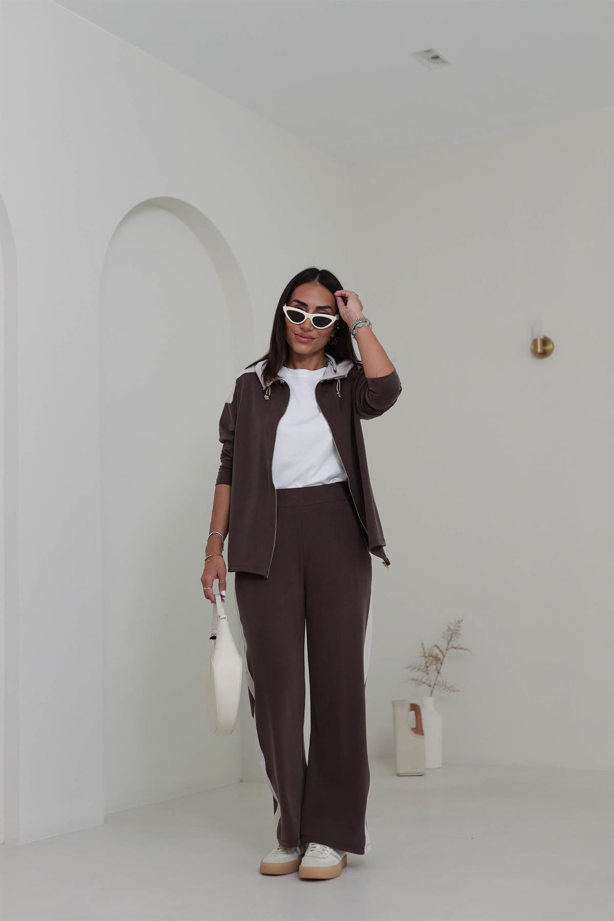 2003 Garnili Fermuarlı Kapşonlu Pike Modal Takım KAHVE