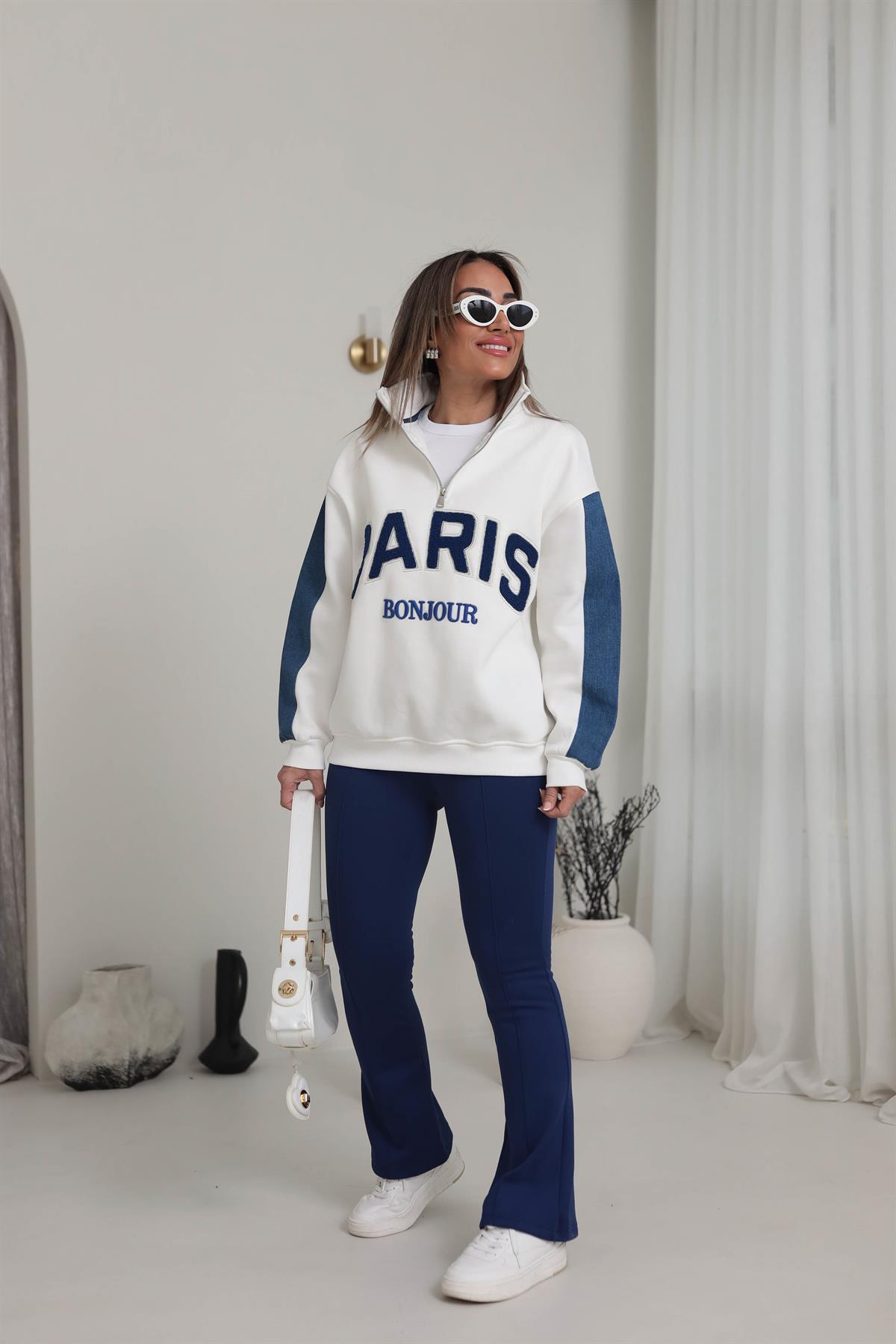 5642 Paris Denim Detay Şardonlu Sweatshirt EKRU