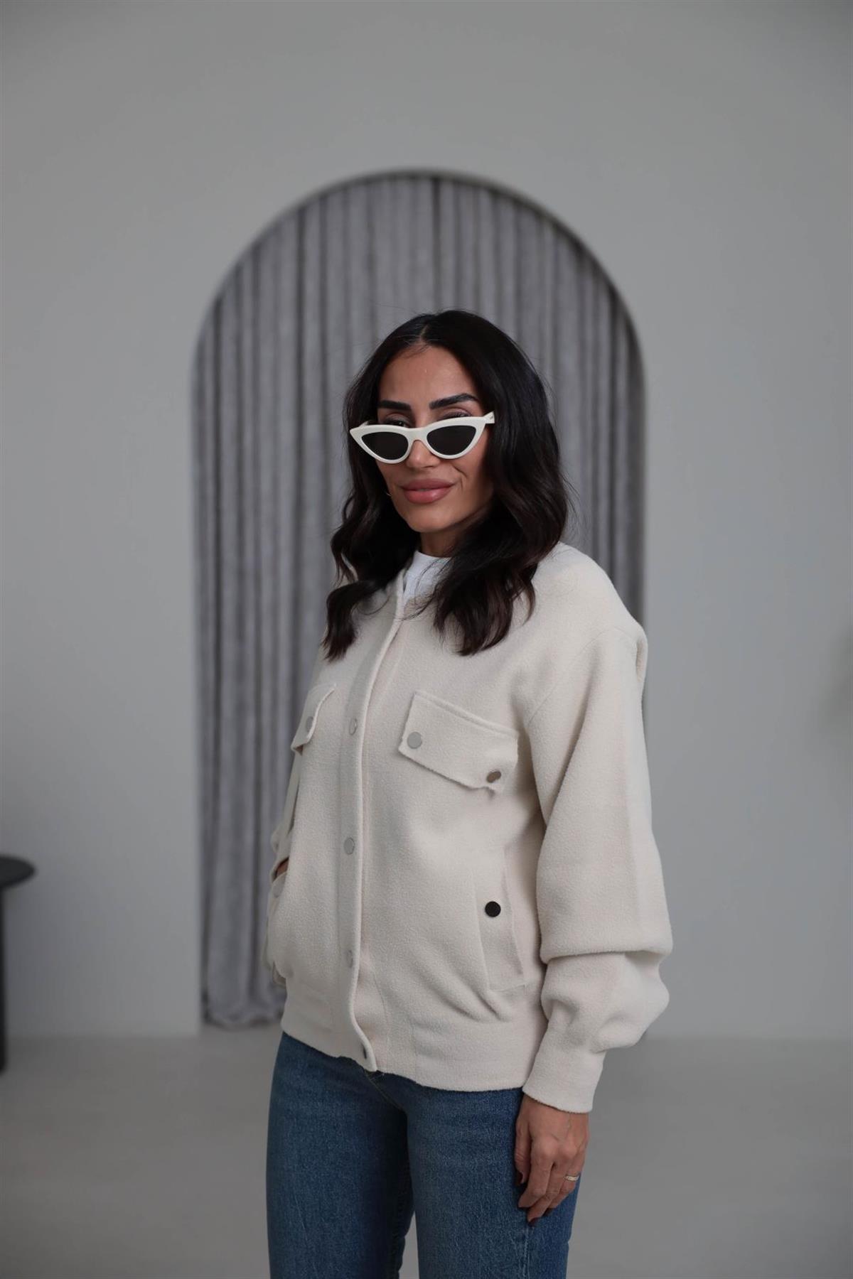 4589 Çıtçıtlı Cep Detaylı Angora Ceket EKRU