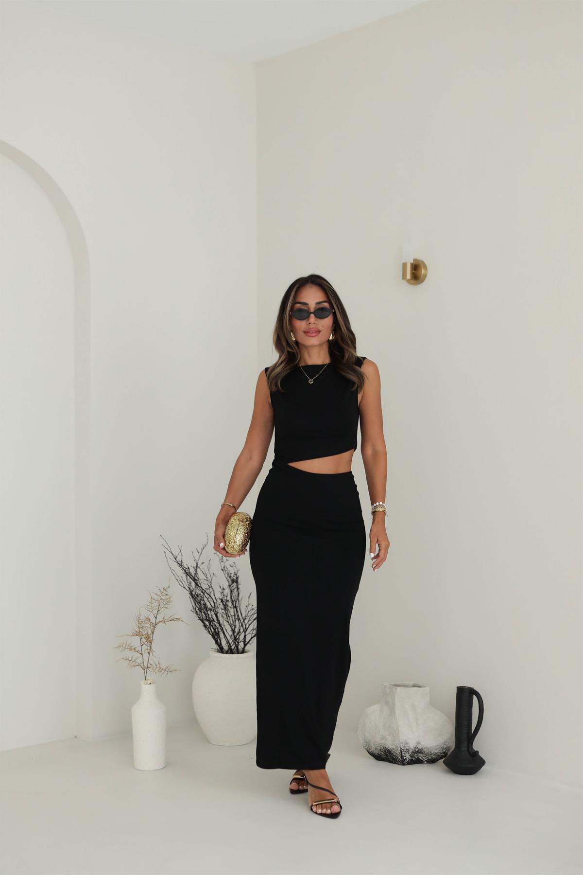 9874 Bel Dekolteli Sıfır Kol Maxi Penye Elbise