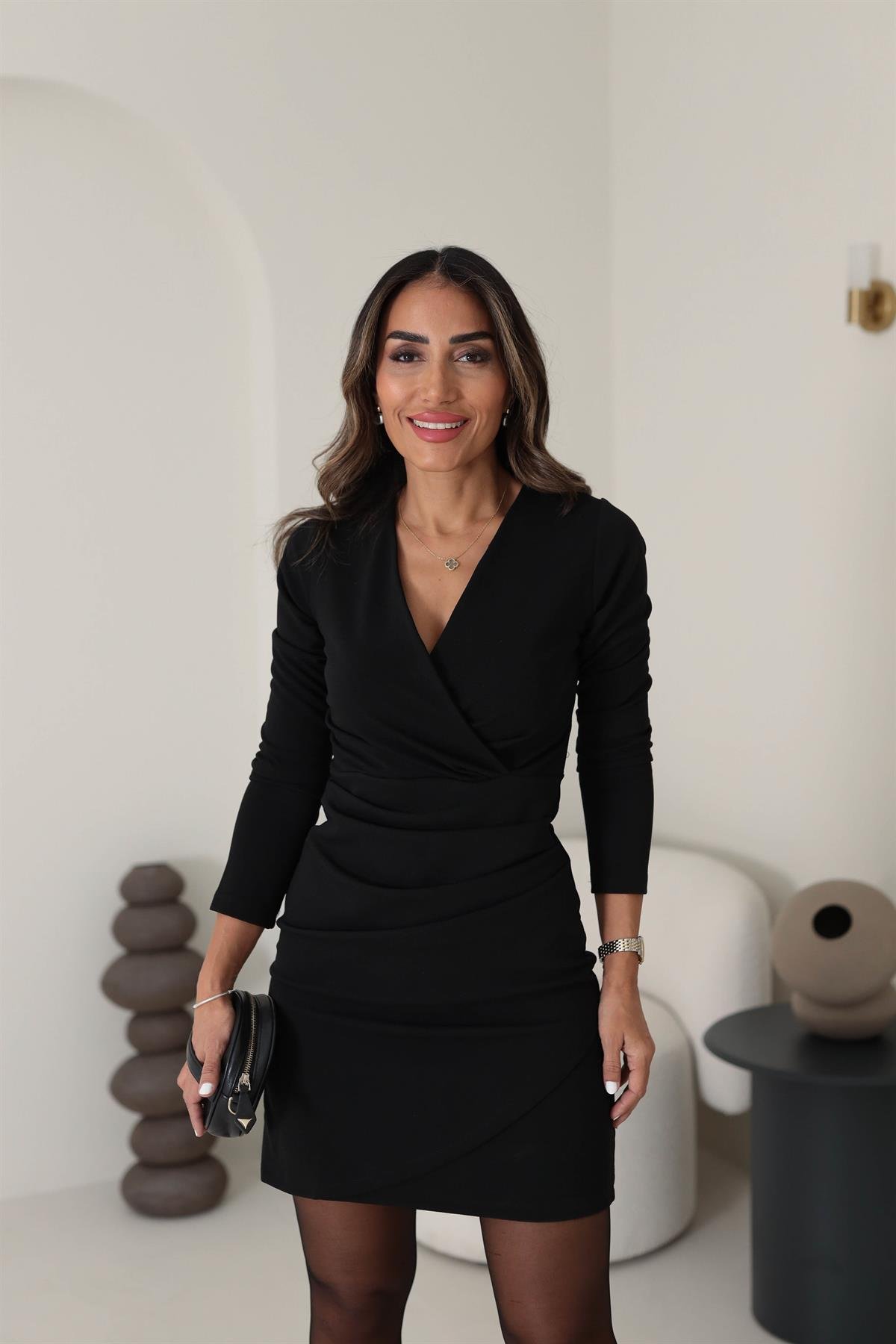 3037 Kruvaze Drapeli Crep Elbise SİYAH