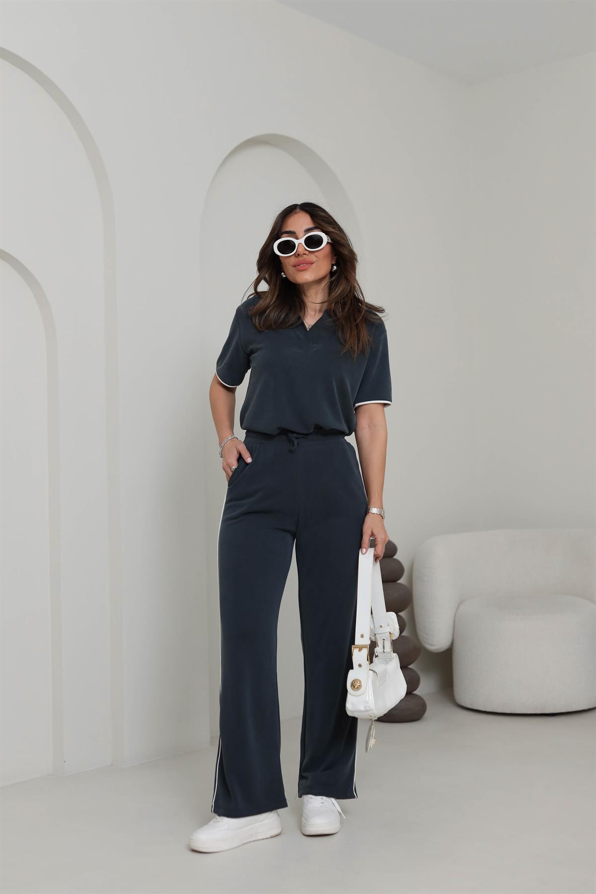 Polo Yaka Şeritli Detaylı Pike Modal Takım ANTRASİT