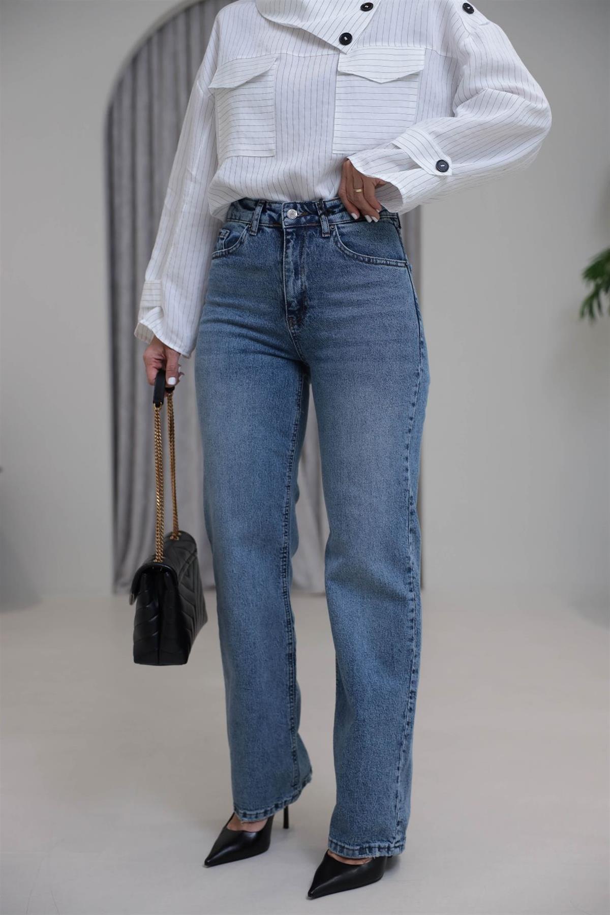 1005 Yüksek Bel Pamuklu Wide Leg Jean ORTA MAVİ