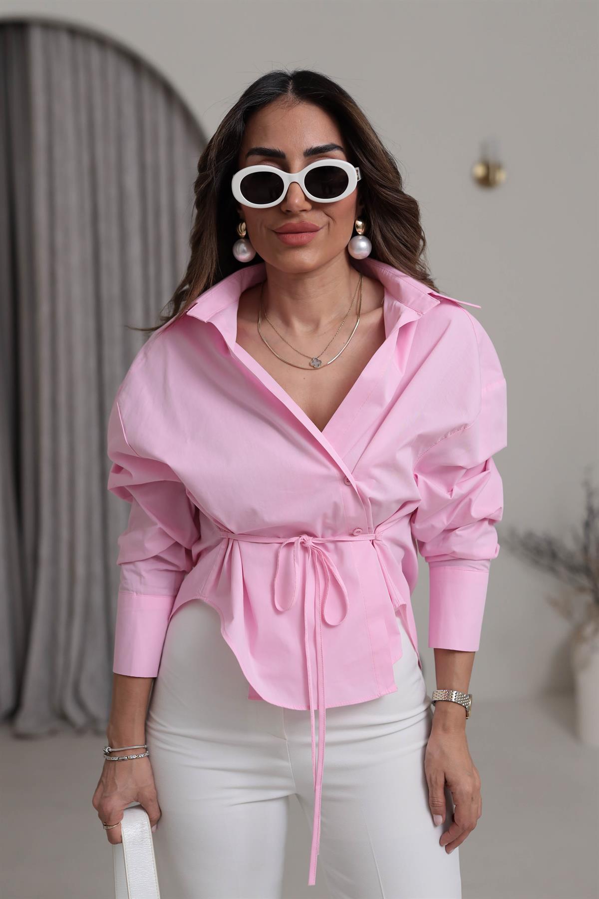Bel Bağlama Detaylı Oversize Poplin Gömlek PEMBE