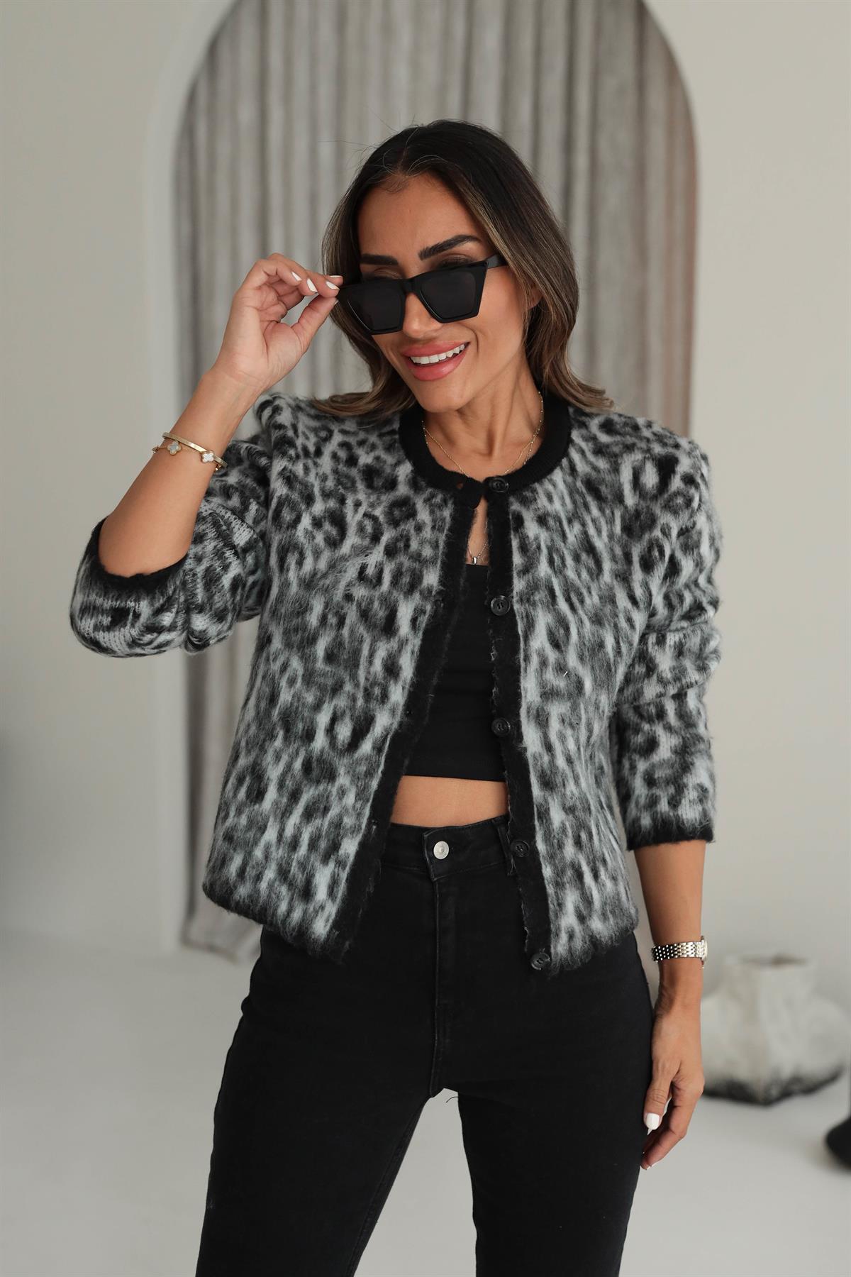 0108 Leopar Desen Şardonlu Massi Hırka Ceket GRİ