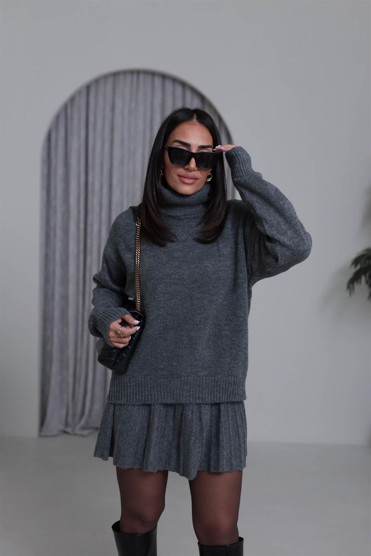 5139K Balıkçı Yaka Etekli Triko Takım KOYU GRİ