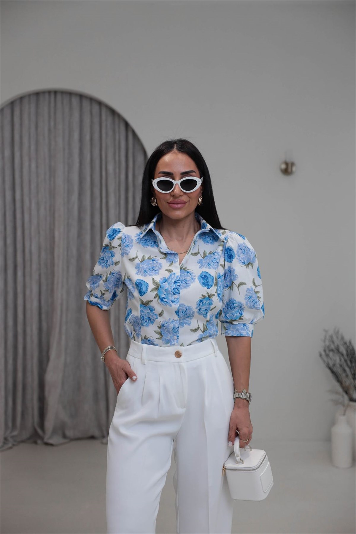 3294 Çiçek Desenli Kısa Kol Gömlek MAVİ