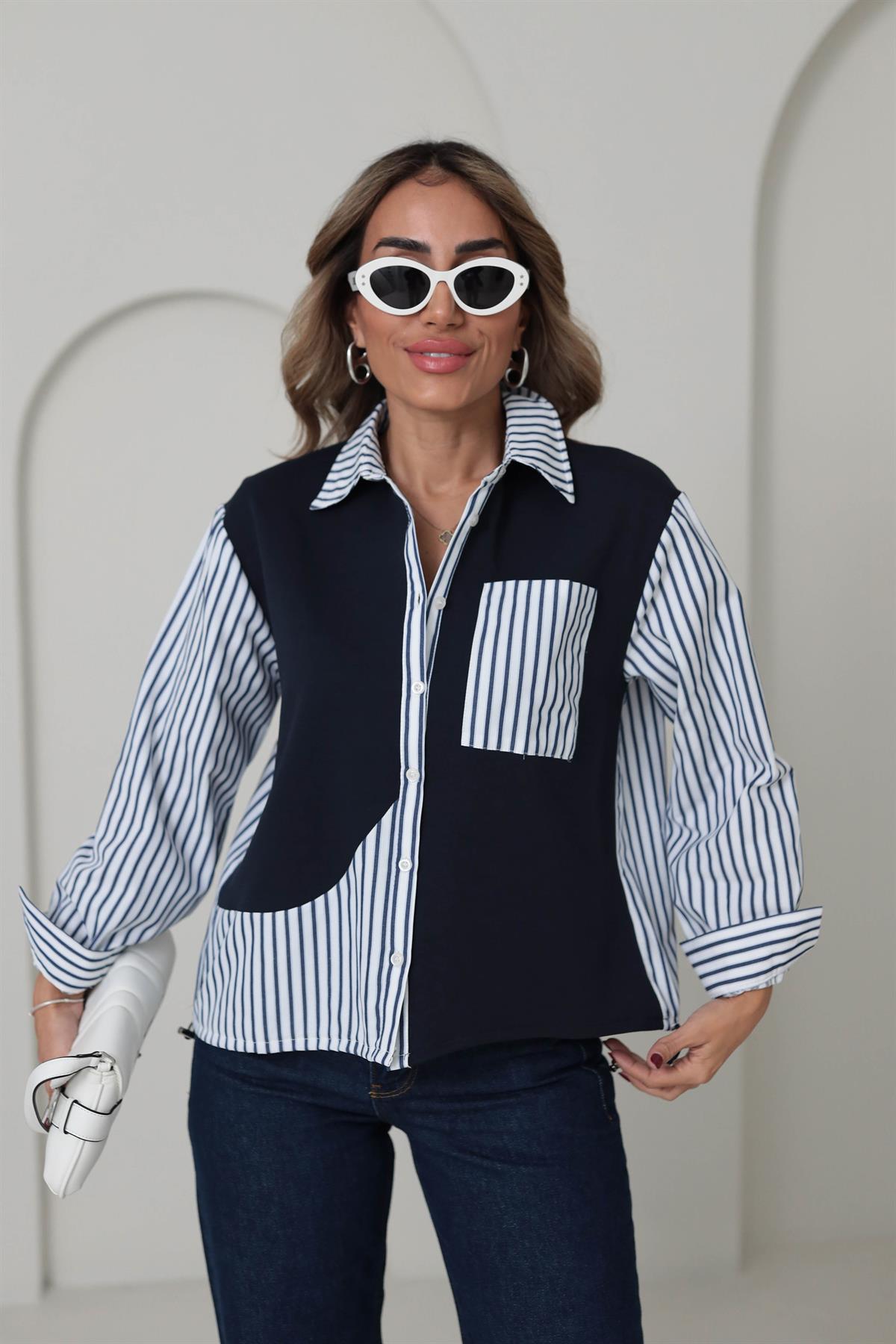 2988 Çizgili Poplin Garnili Gömlek LACİVERT