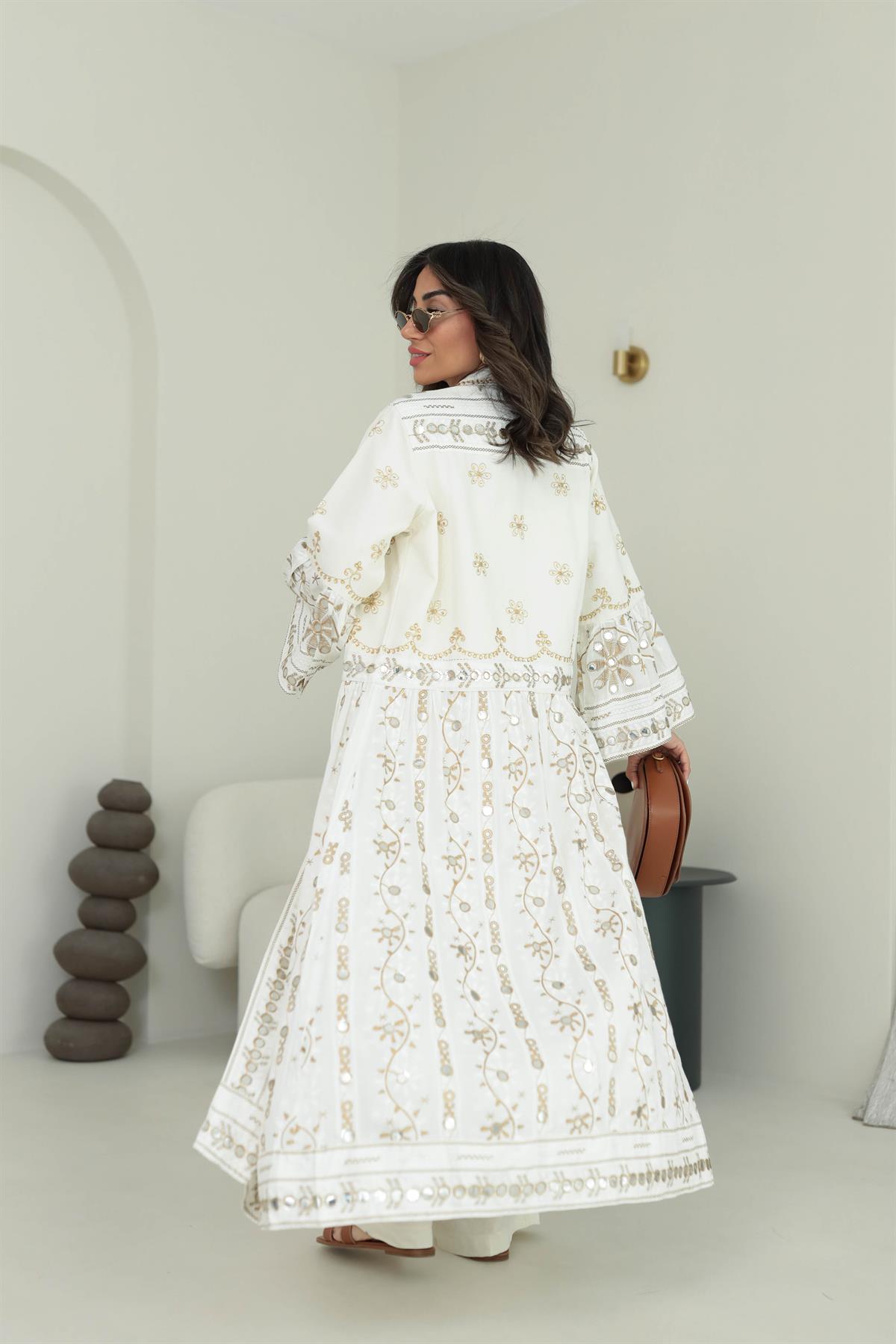 8896 İşlemeli Tasarım Maxi Pamuklu Ceket KREM