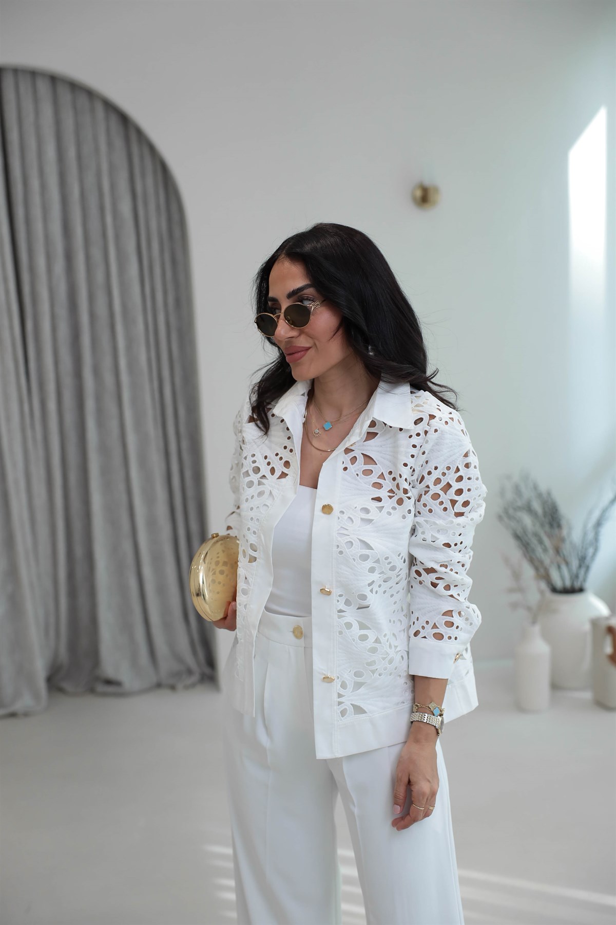 Gold Düğmeli Poplin Garnili Dantelli Ceket BEYAZ
