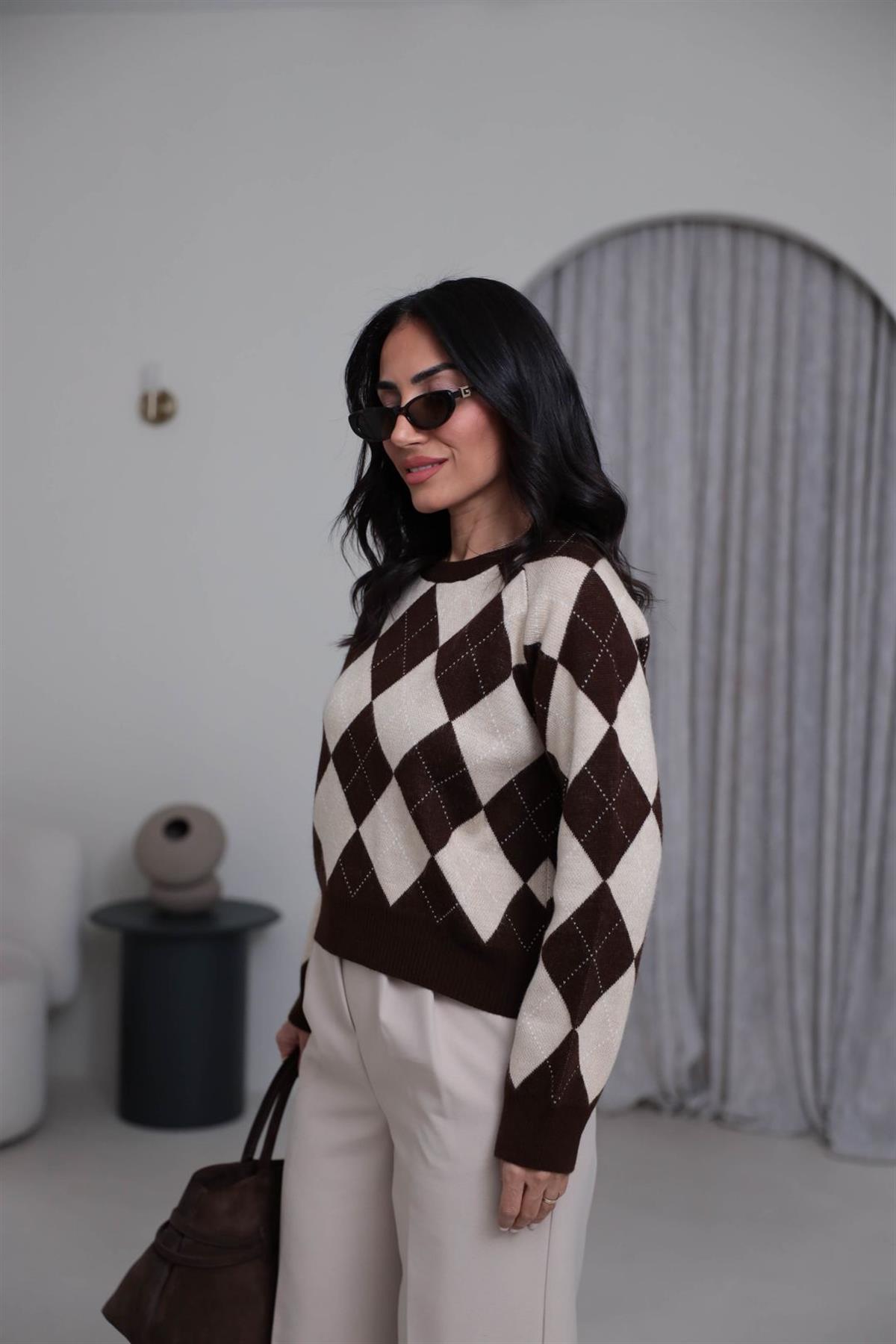 0112 Bisiklet Yaka Baklava Desen Kazak BEJ-KAHVE