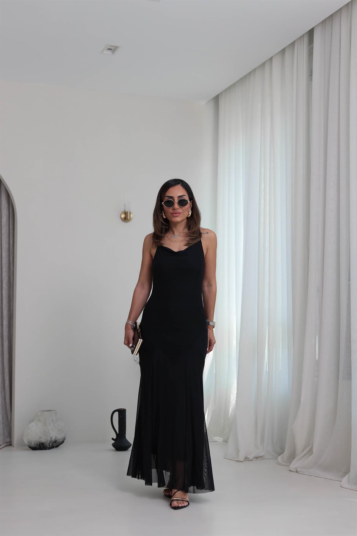 7320 İp Askılı Etek Ucu Dikiş Parçalı Tül Elbise SİYAH