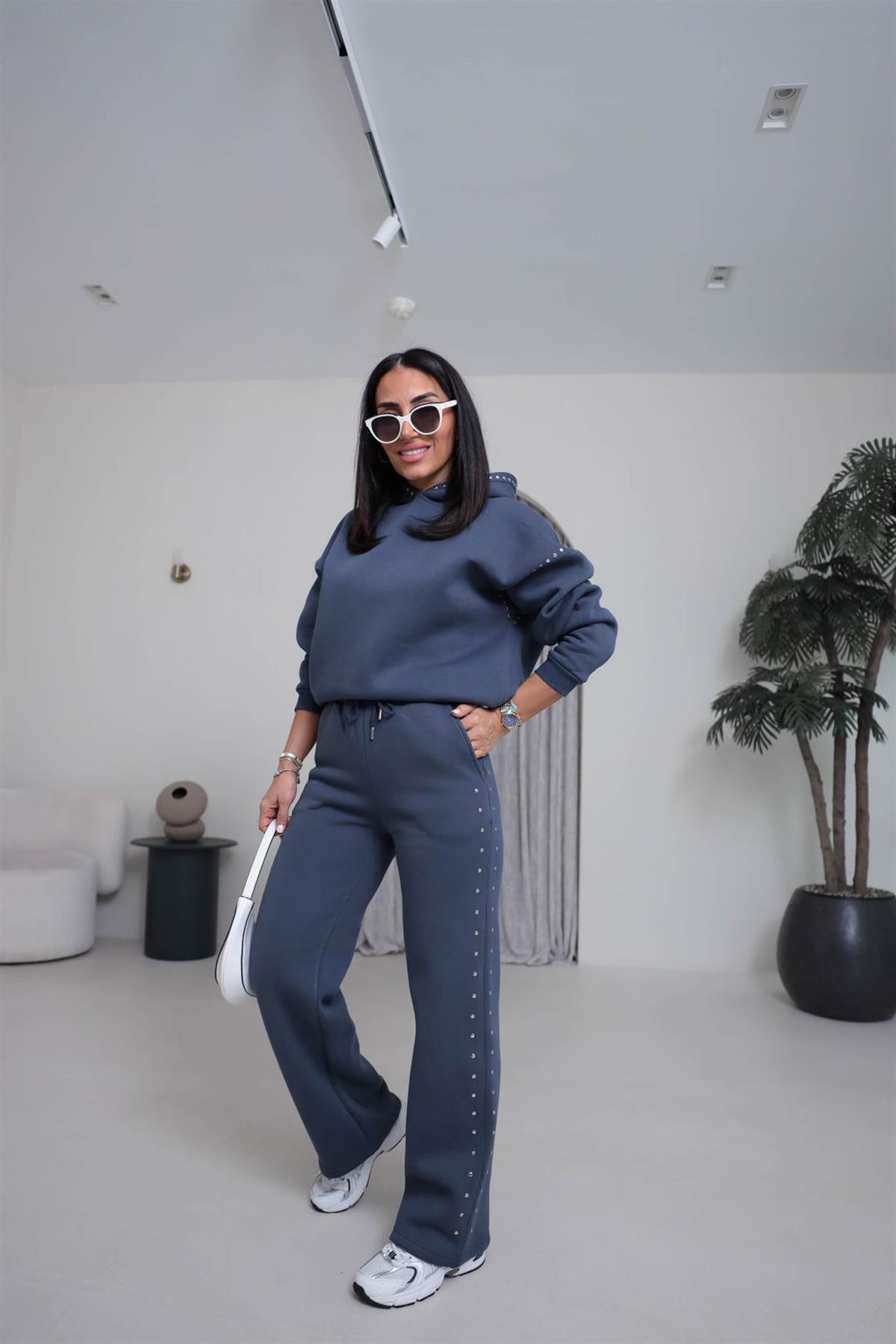 4229 Kapüşonlu Zımba Detaylı Şardonlu Takım ANTRASİT