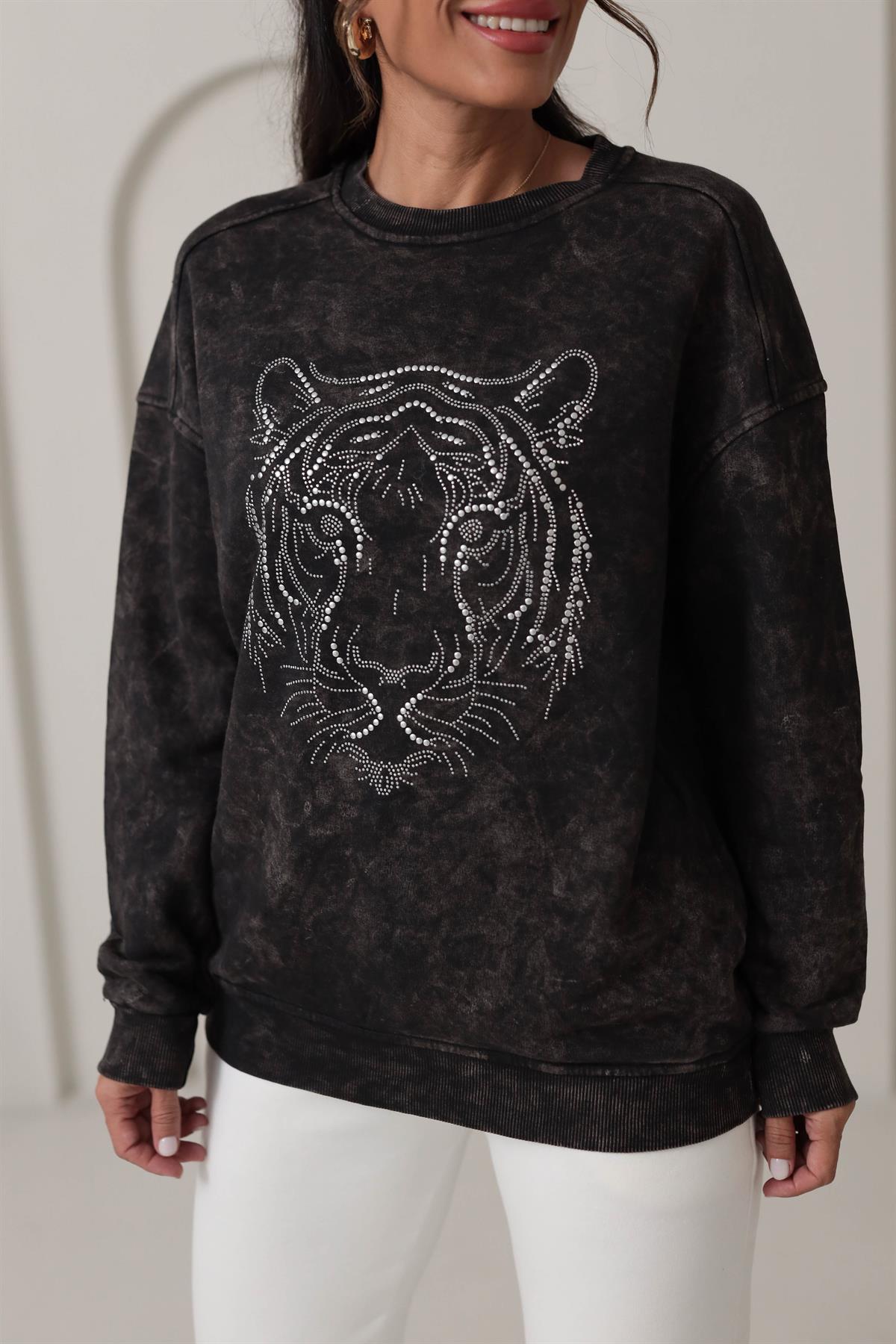 5536 Kaplan Figürlü Taş İşlemeli Sweatshirt ANTRASİT