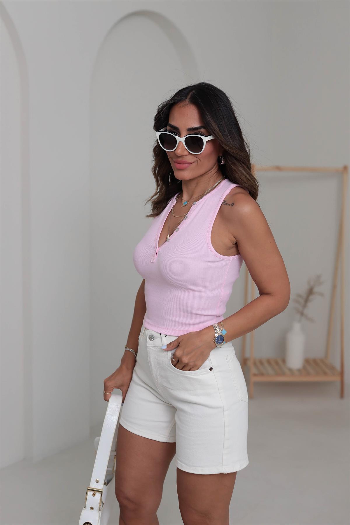 1005 Yıkama Efektli Düğmeli Crop Top PEMBE