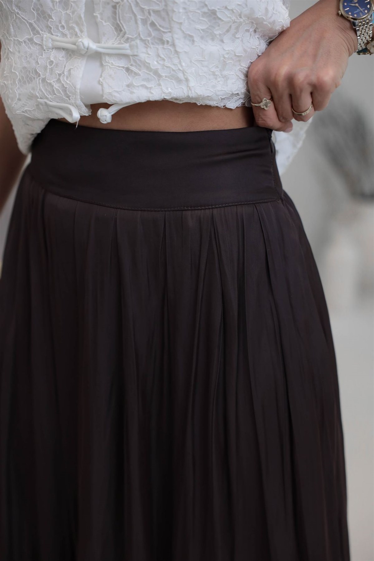 8120 Pileli Maxi Tok Saten Etek KAHVE