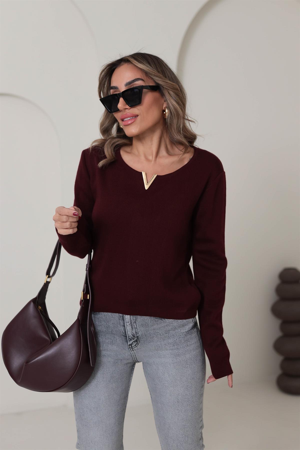 5832 V Gold Tokalı Yumuşak Triko BORDO