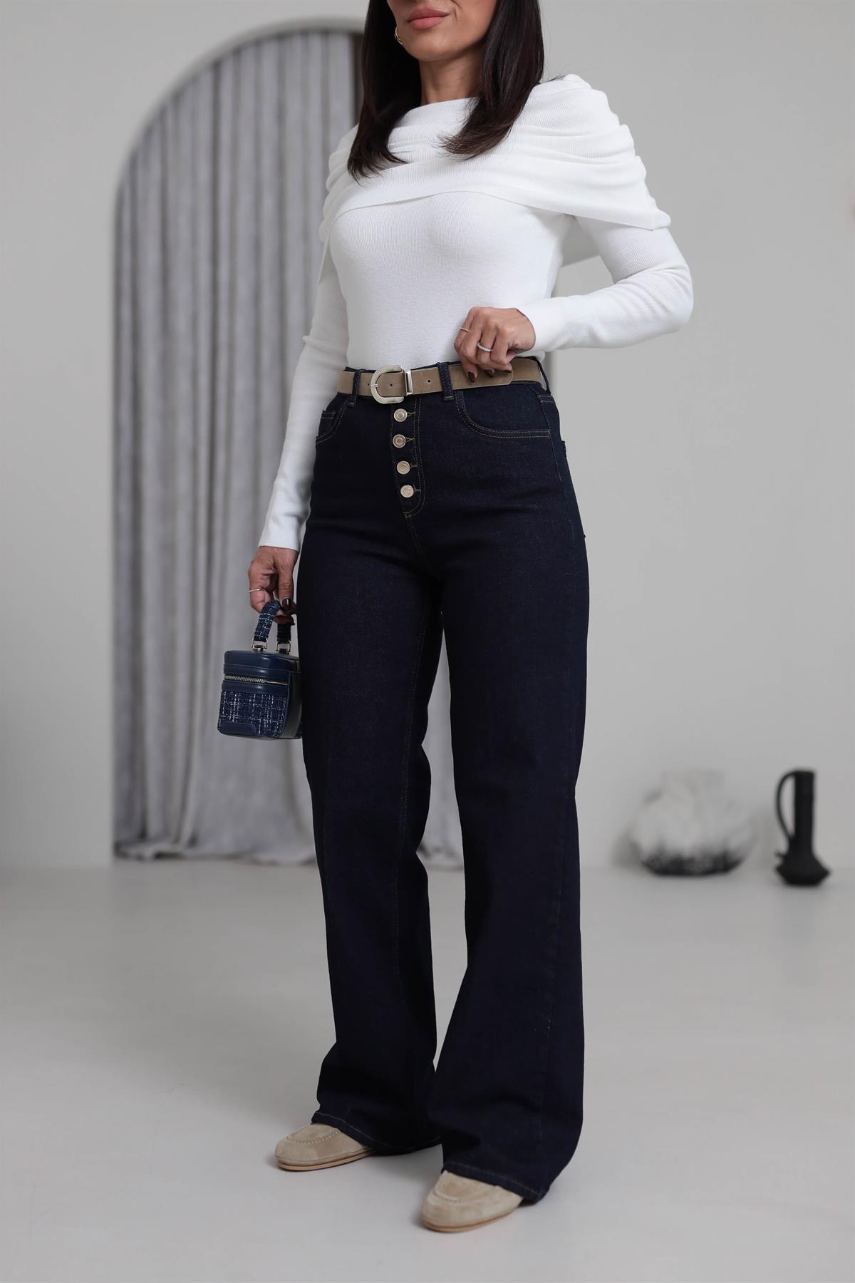 D-884 Kemerli 5 Düğmeli Wide Leg Pantolon LACİVERT