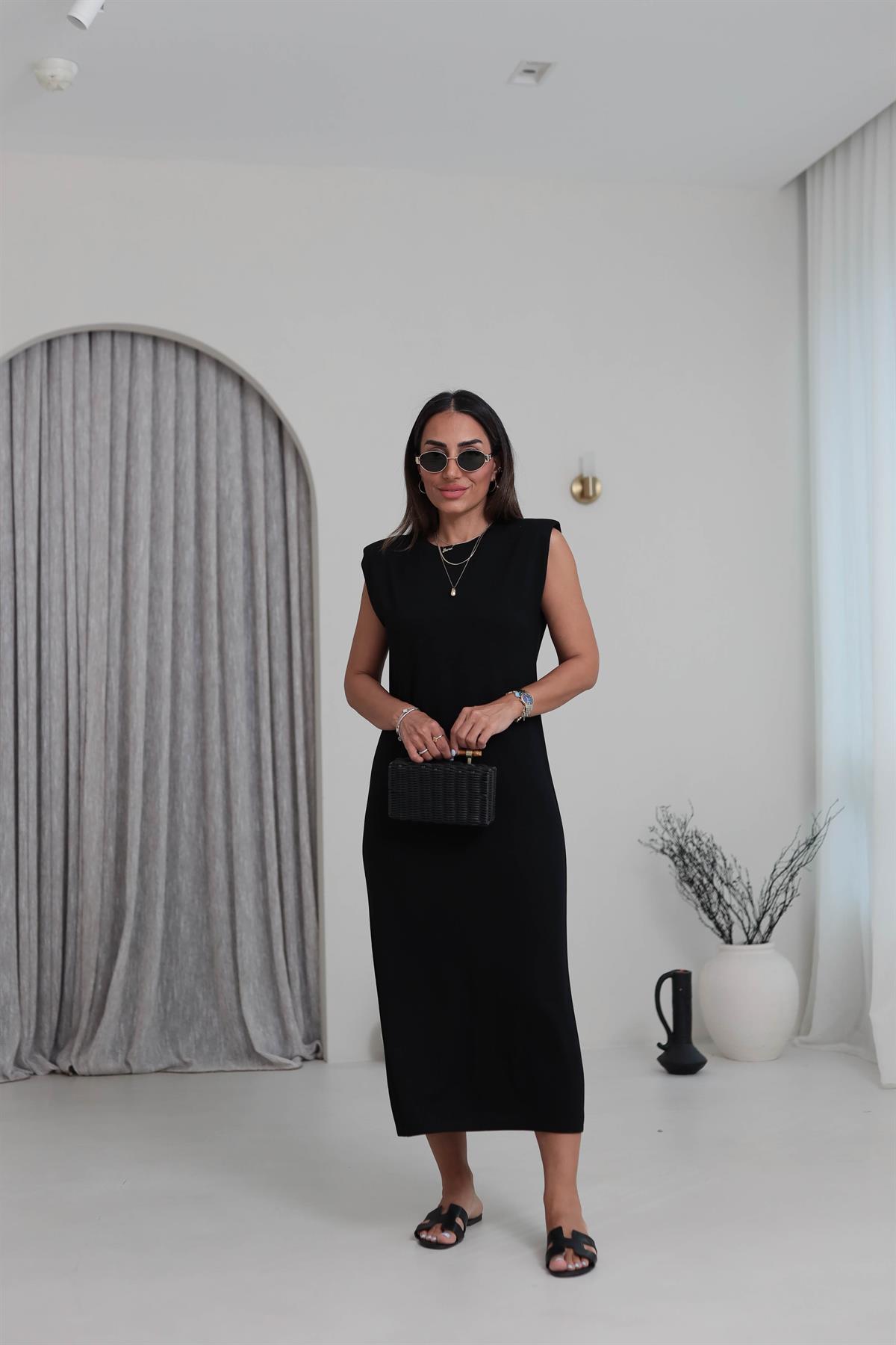 3316 Bisiklet Yaka Vatkalı Penye Modal Elbise SİYAH