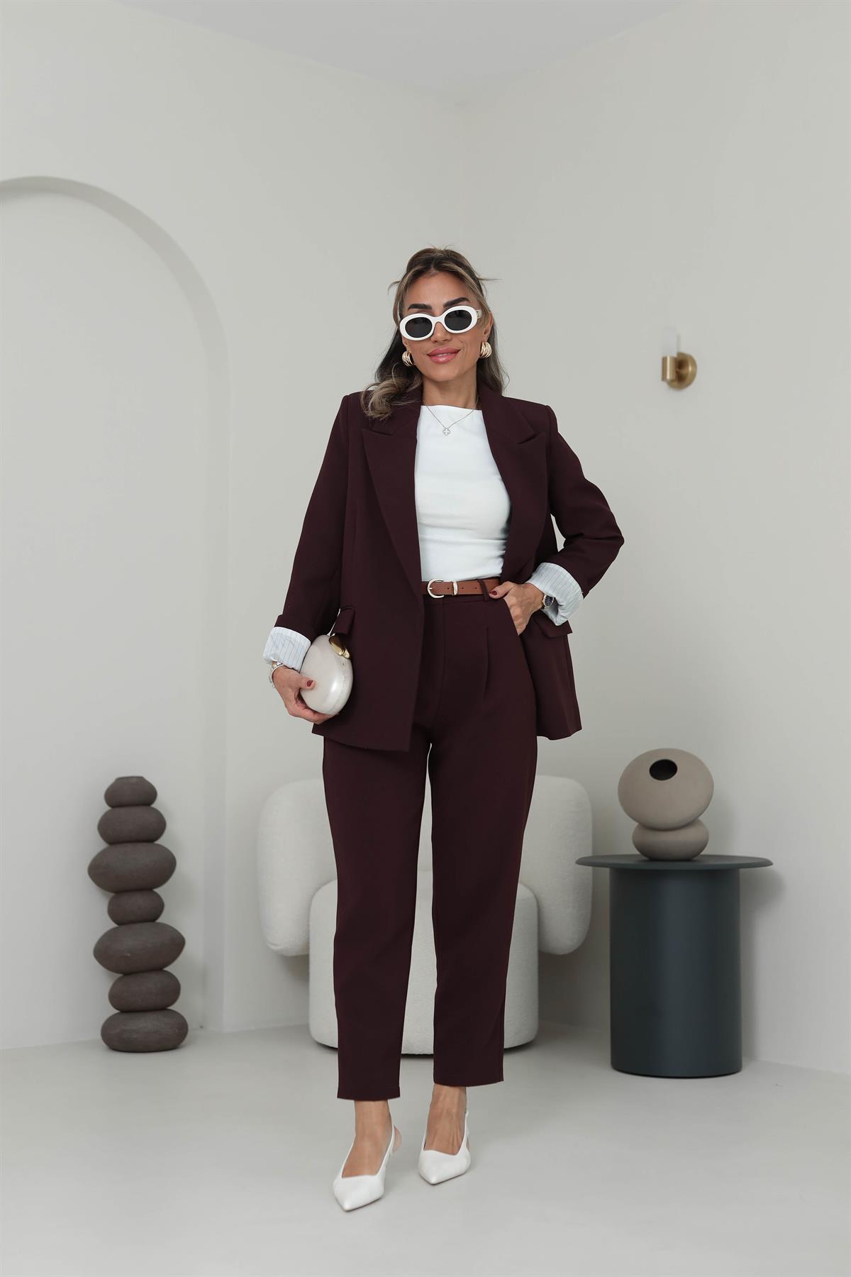 9134K Kolu Katlamalı Çizgili Astarlı Ceket BORDO