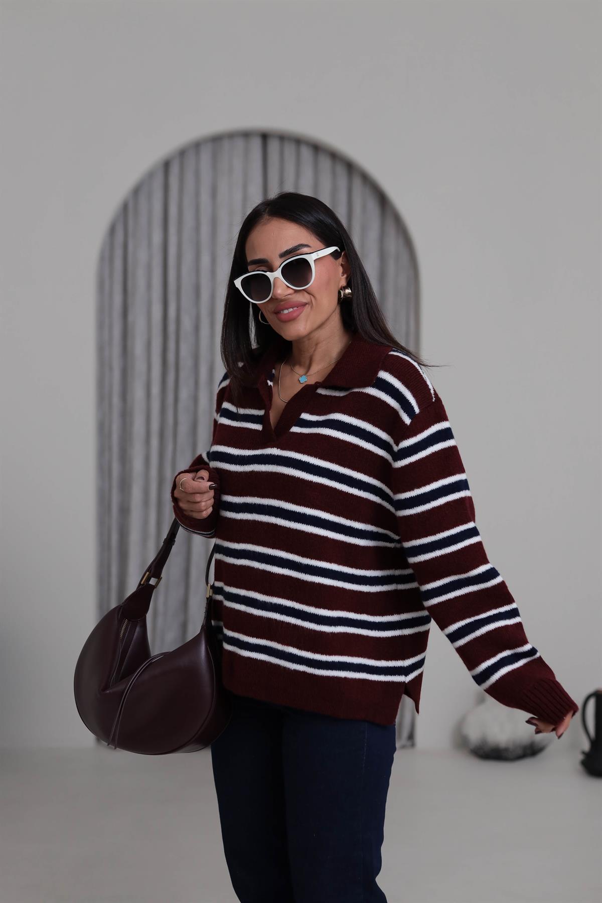 2541 Polo Yaka Çizgili Triko Kazak BORDO