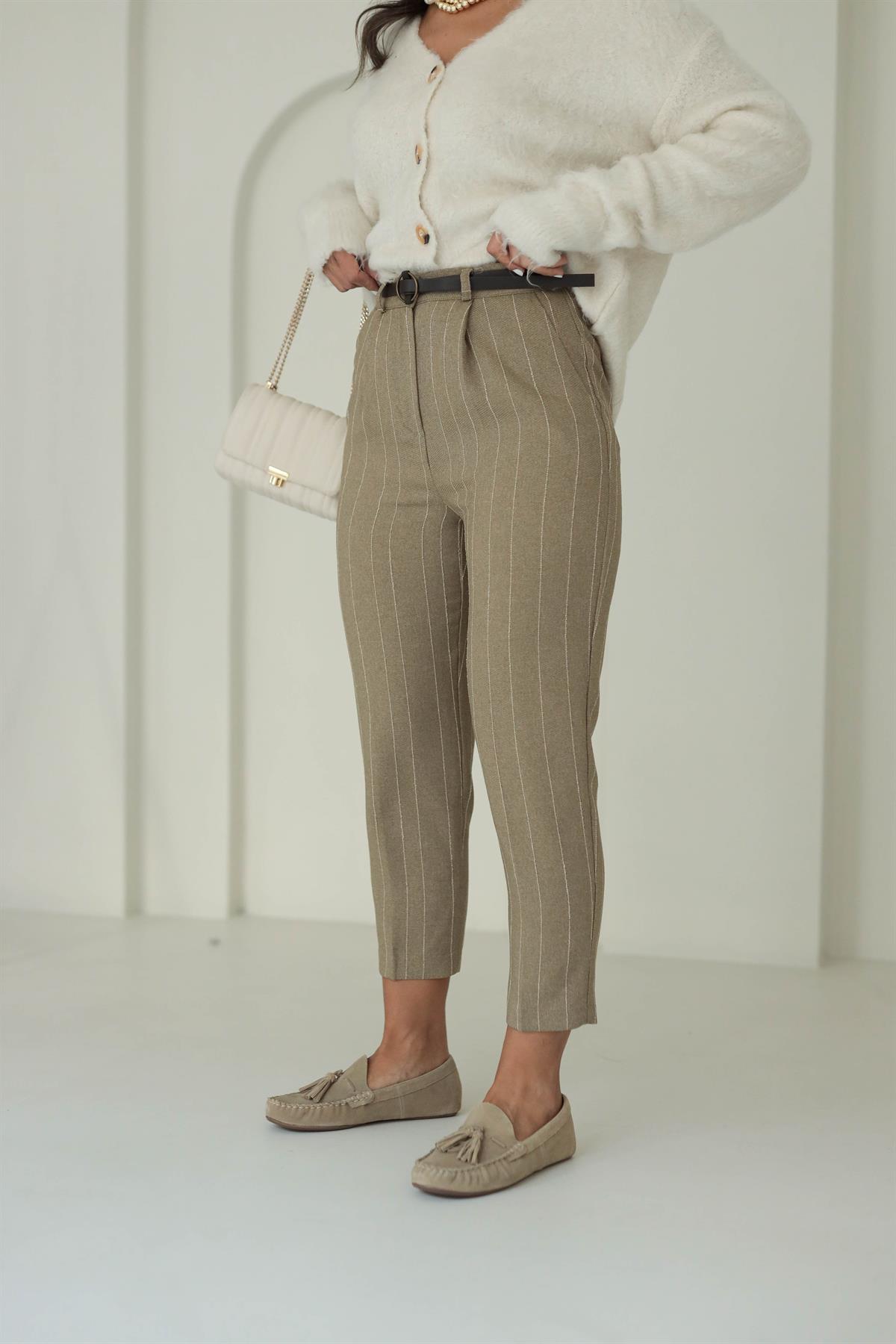 0262 Bel Lastikli Çizgili Kemerli Havuç Pantolon