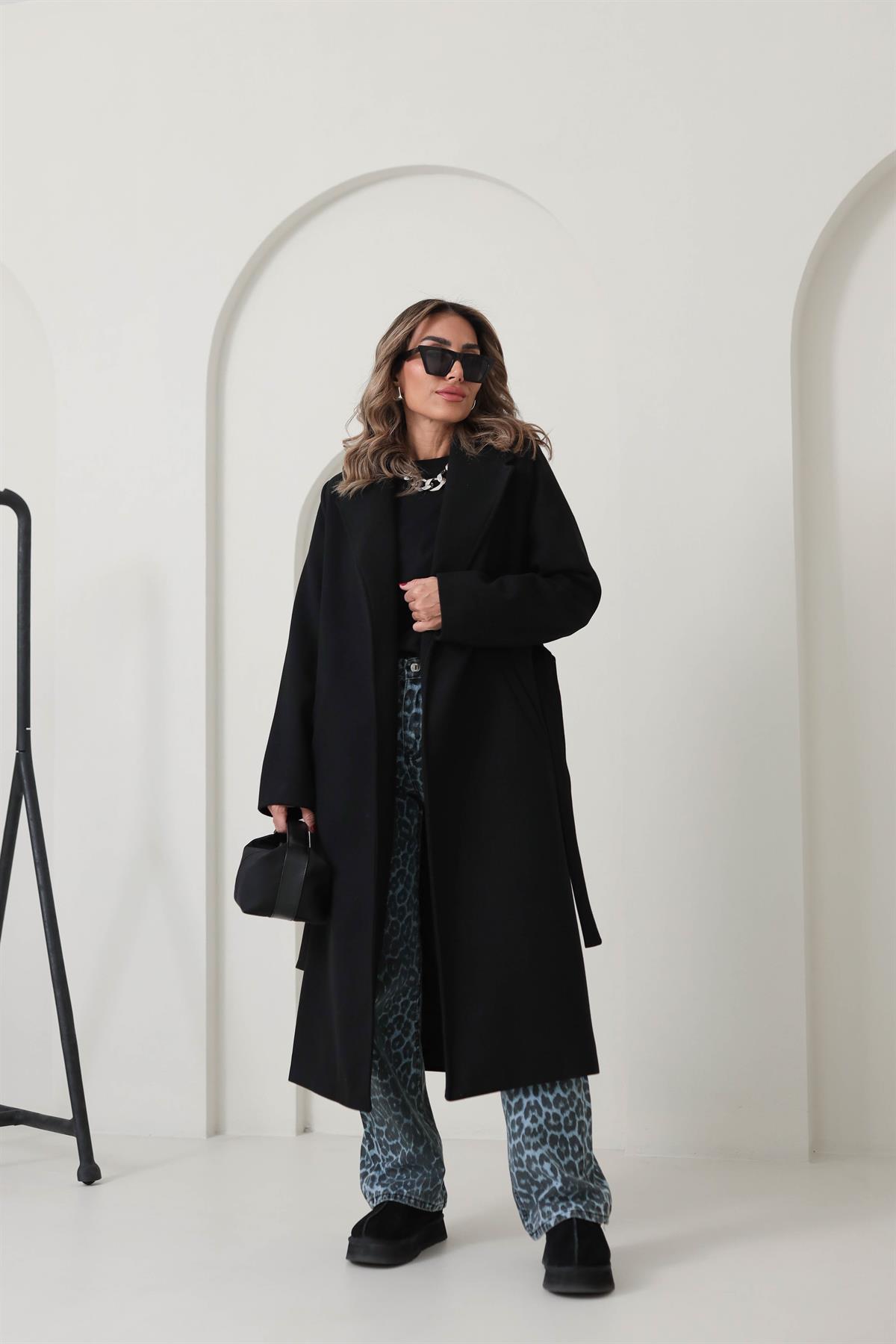 9350 Kuşaklı Kaşe Kaban SİYAH