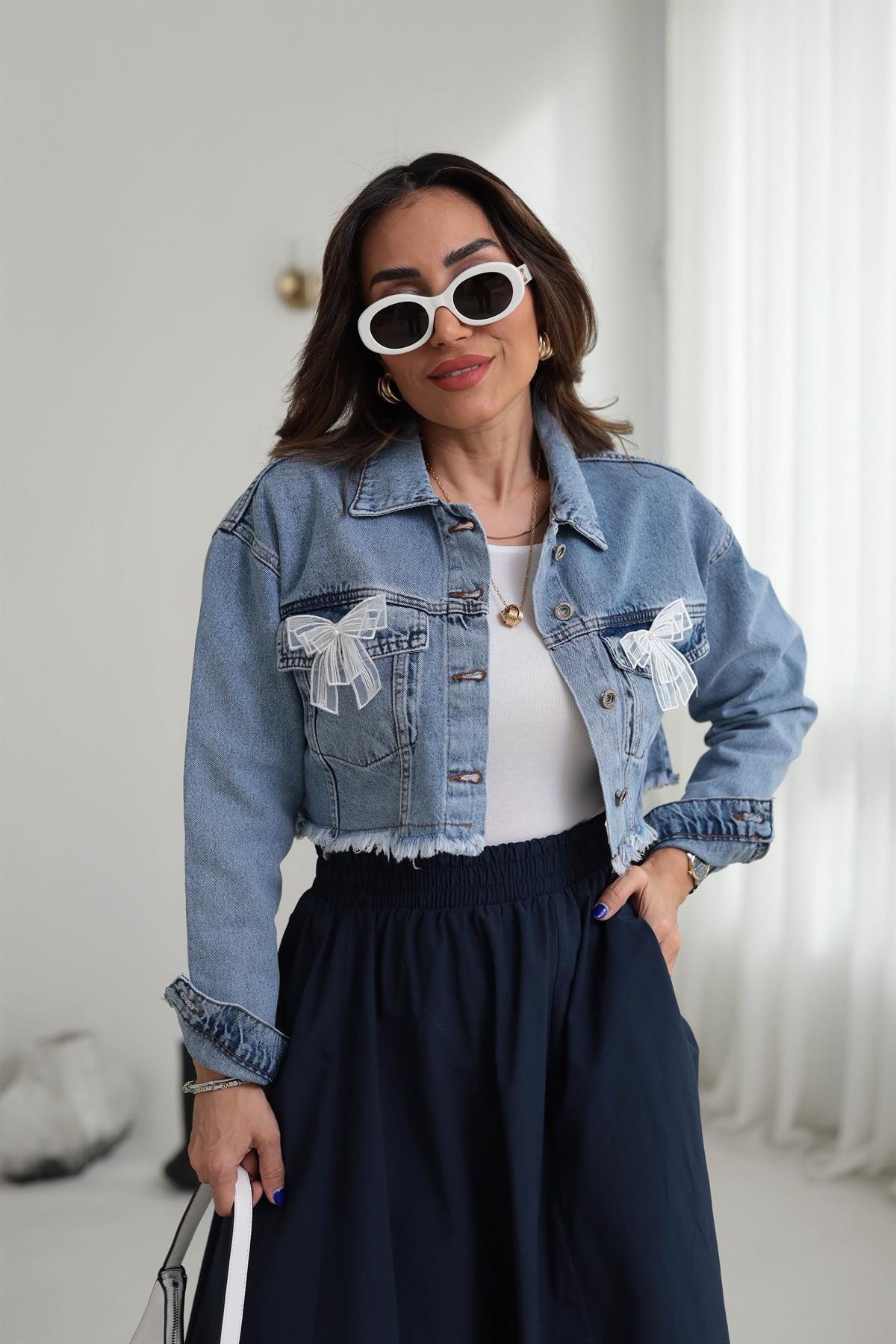 5026 Kurdela Detaylı Kısa Jean Ceket BUZ MAVİ