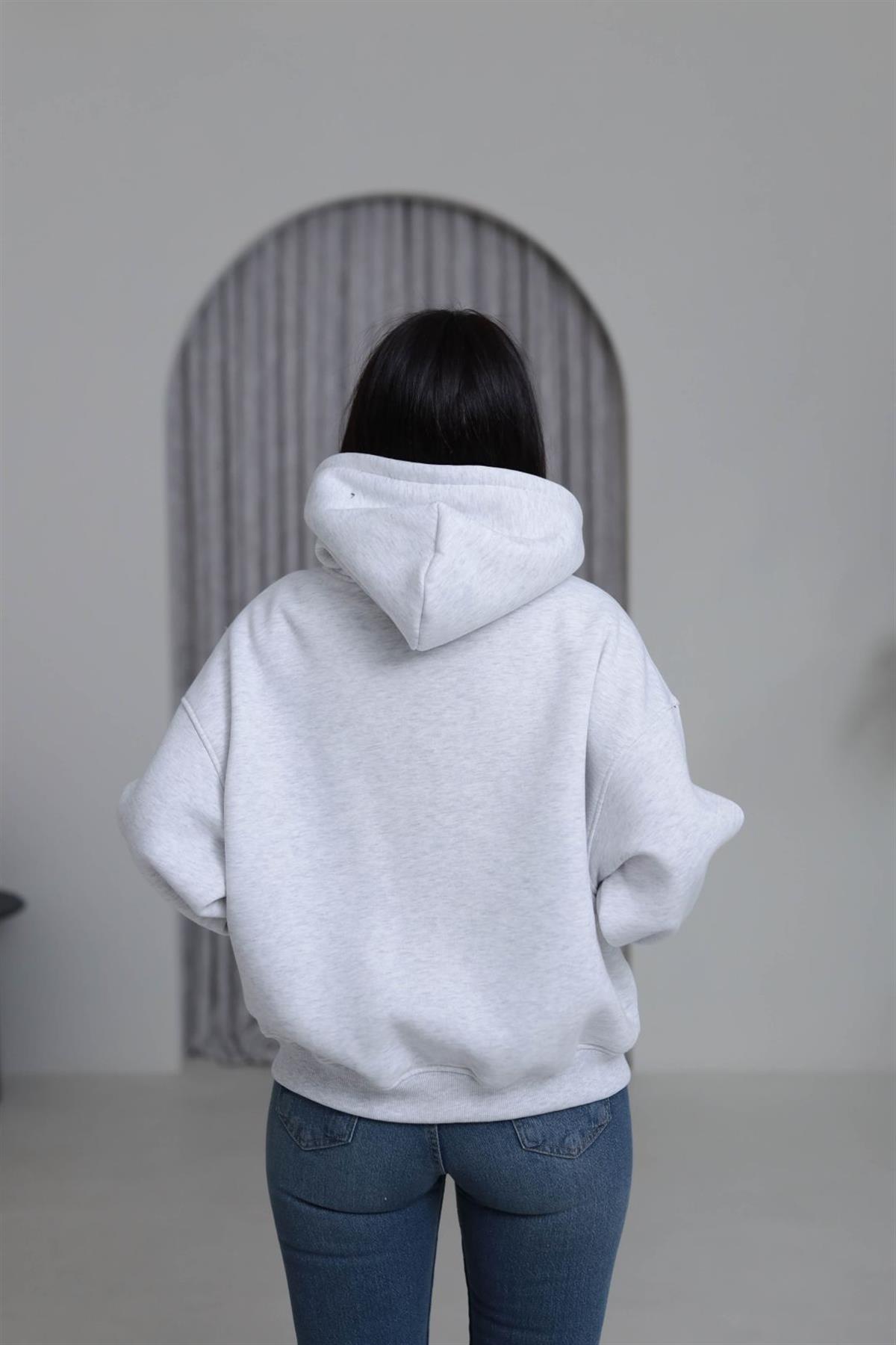 0822 Kapüşonlu Fermuarlı Şardonlu Sweatshirt GRİ