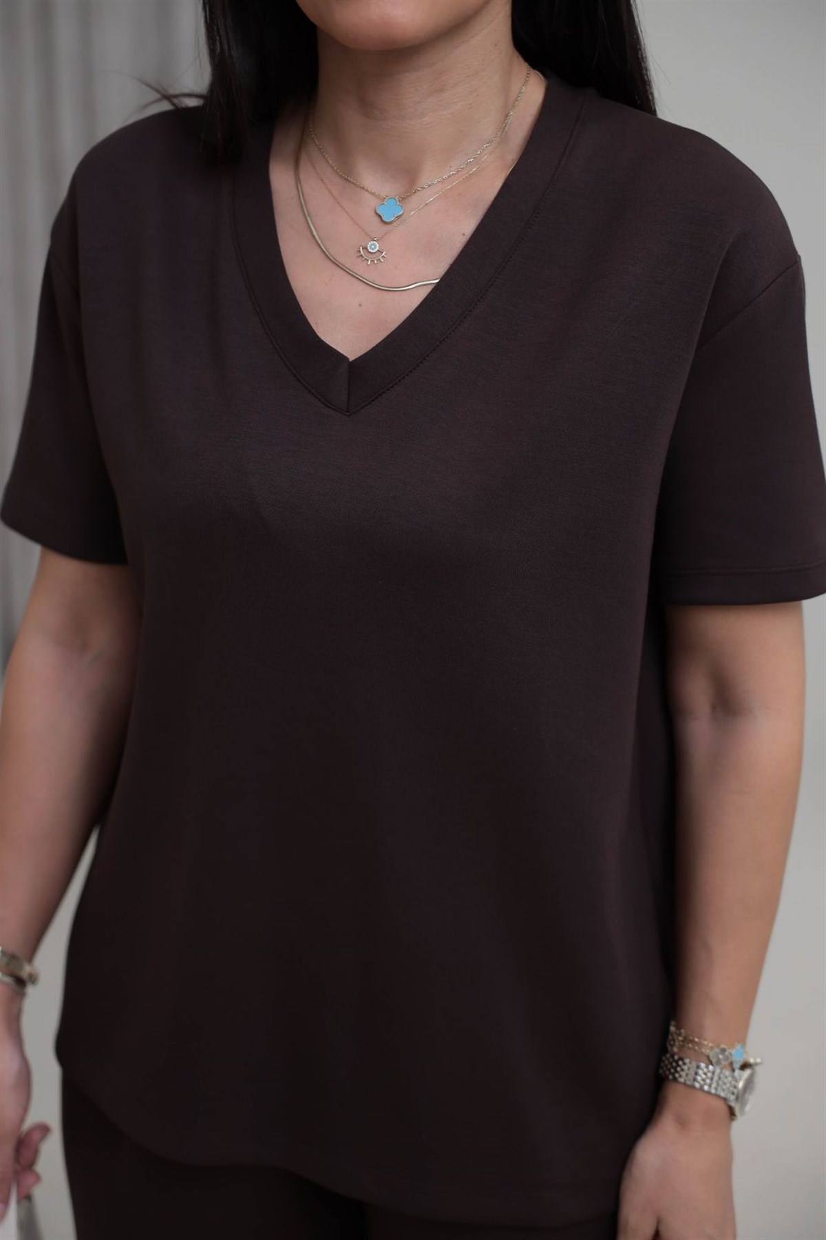 T927 V Yaka Modal Kumaş Tshirt ACI KAHVE