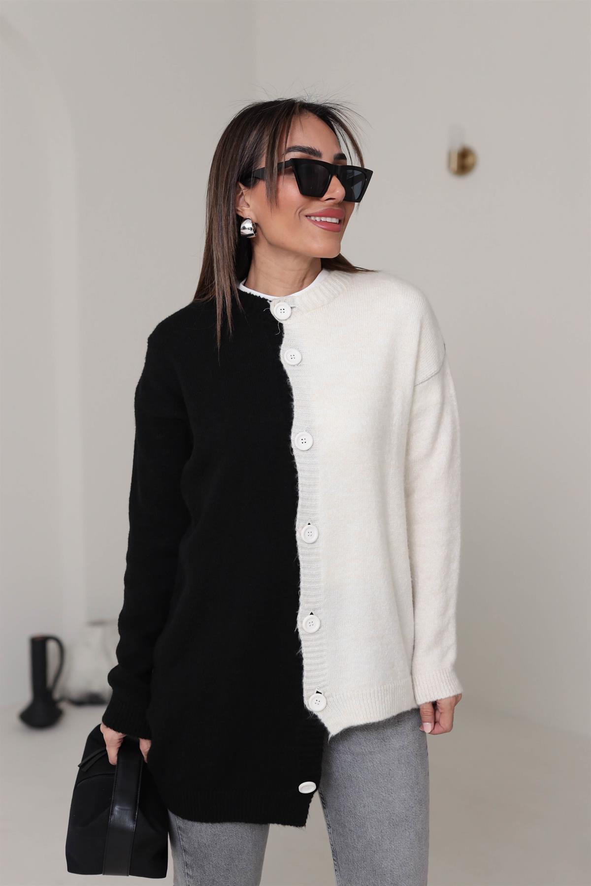 4071 İki Renk Detaylı Hırka SİYAH