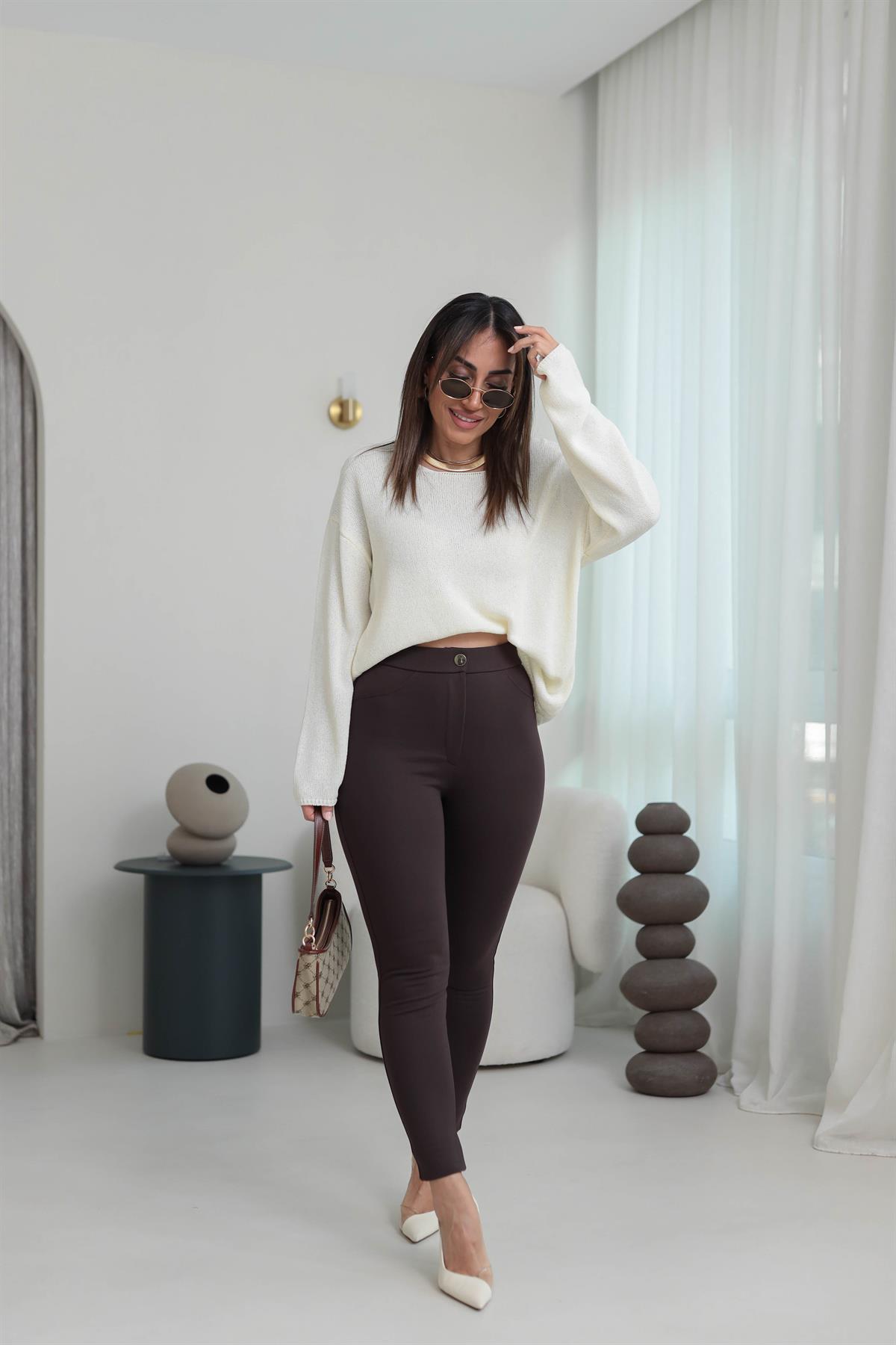 5121 Gold Düğme Detaylı Tayt Pantolon KAHVE