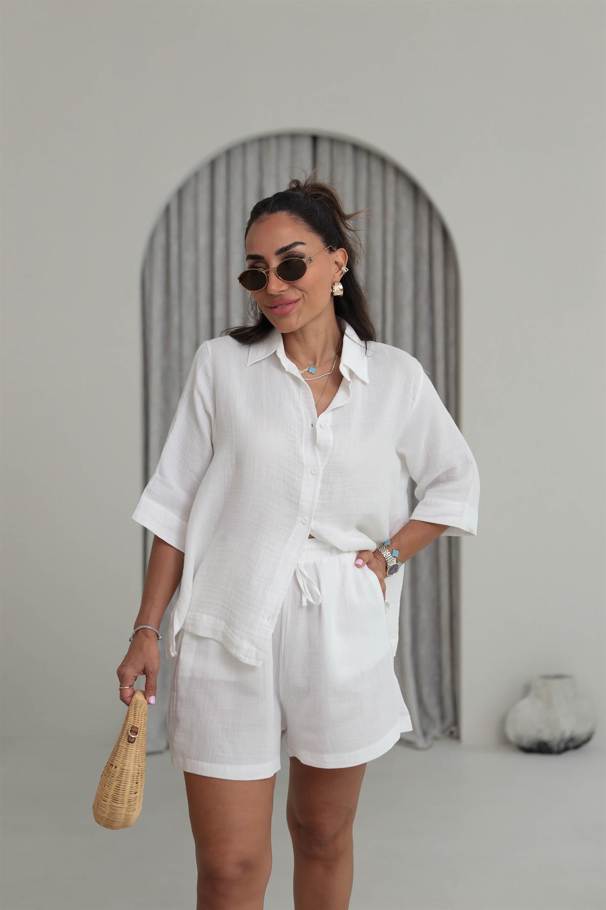 0427 Müslin Kumaş Gömlek Şort Takım BEYAZ