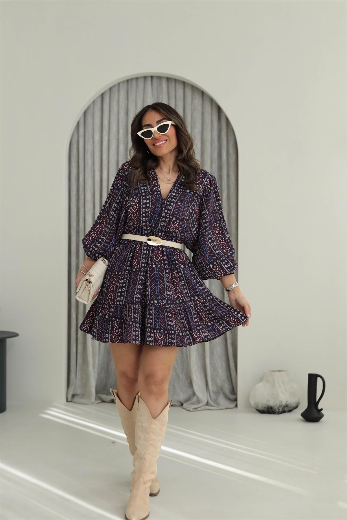 0280 V Yaka Düğmeli Kolları Lastikli Floral Desen Elbise DESENLİ