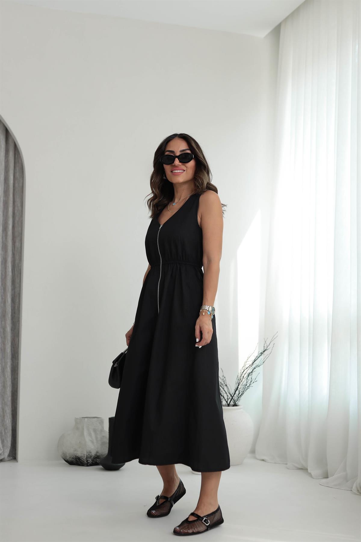 4864 Bel Lastikli Fermuarlı Poplin Elbise SİYAH