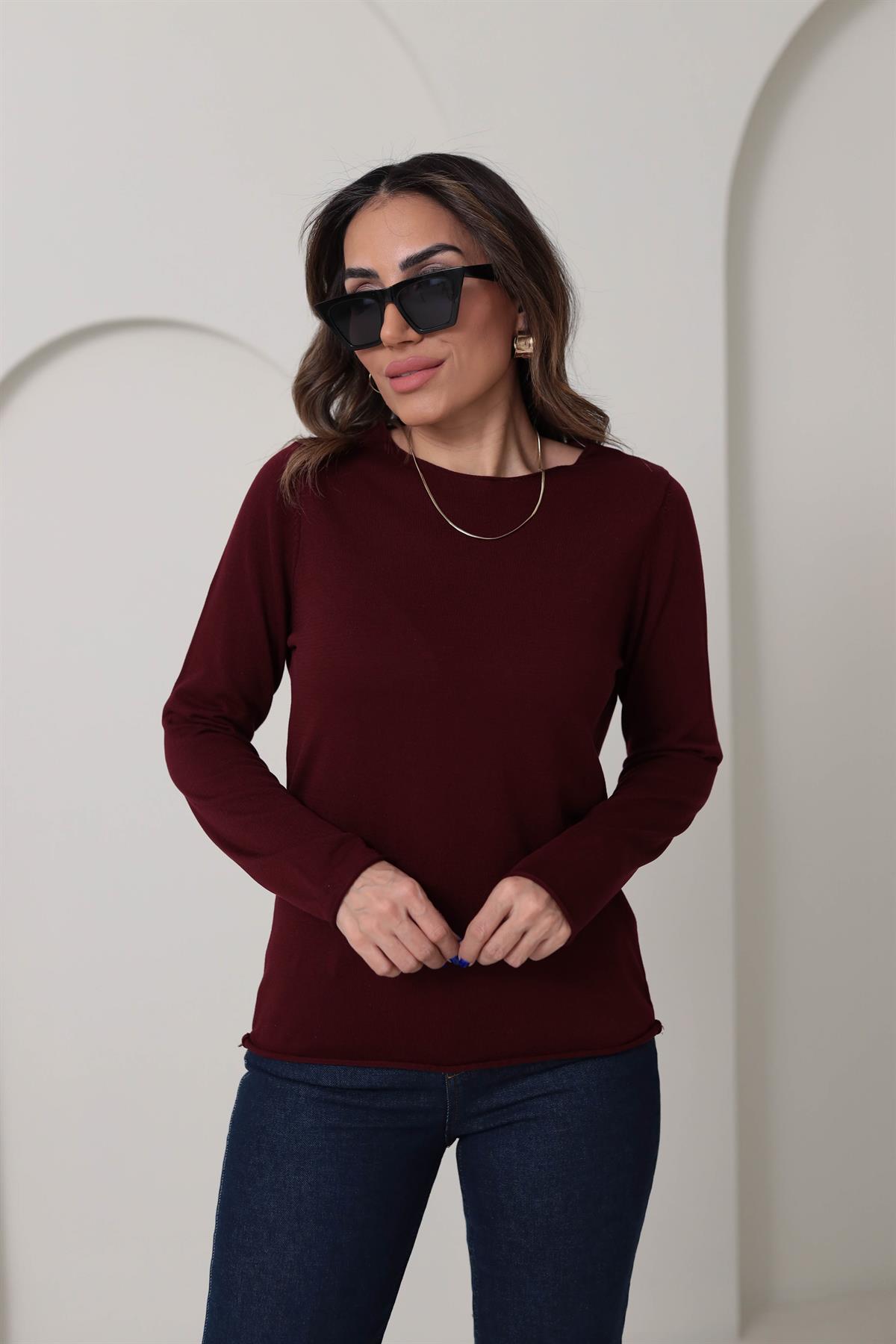 1061 Açık Yaka Uzun Kol İnce Triko BORDO