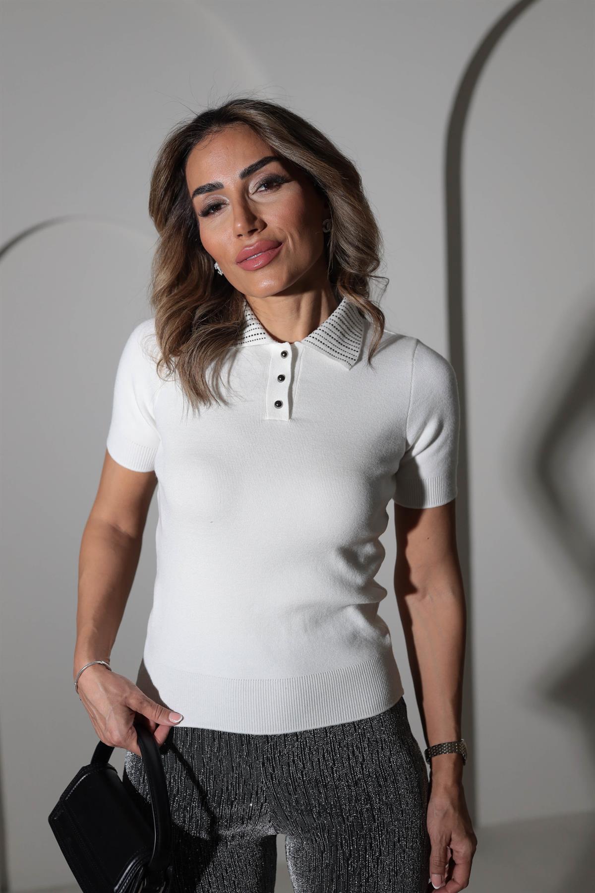 TK01 Polo Yaka Taşlı Kısa Kol Triko EKRU