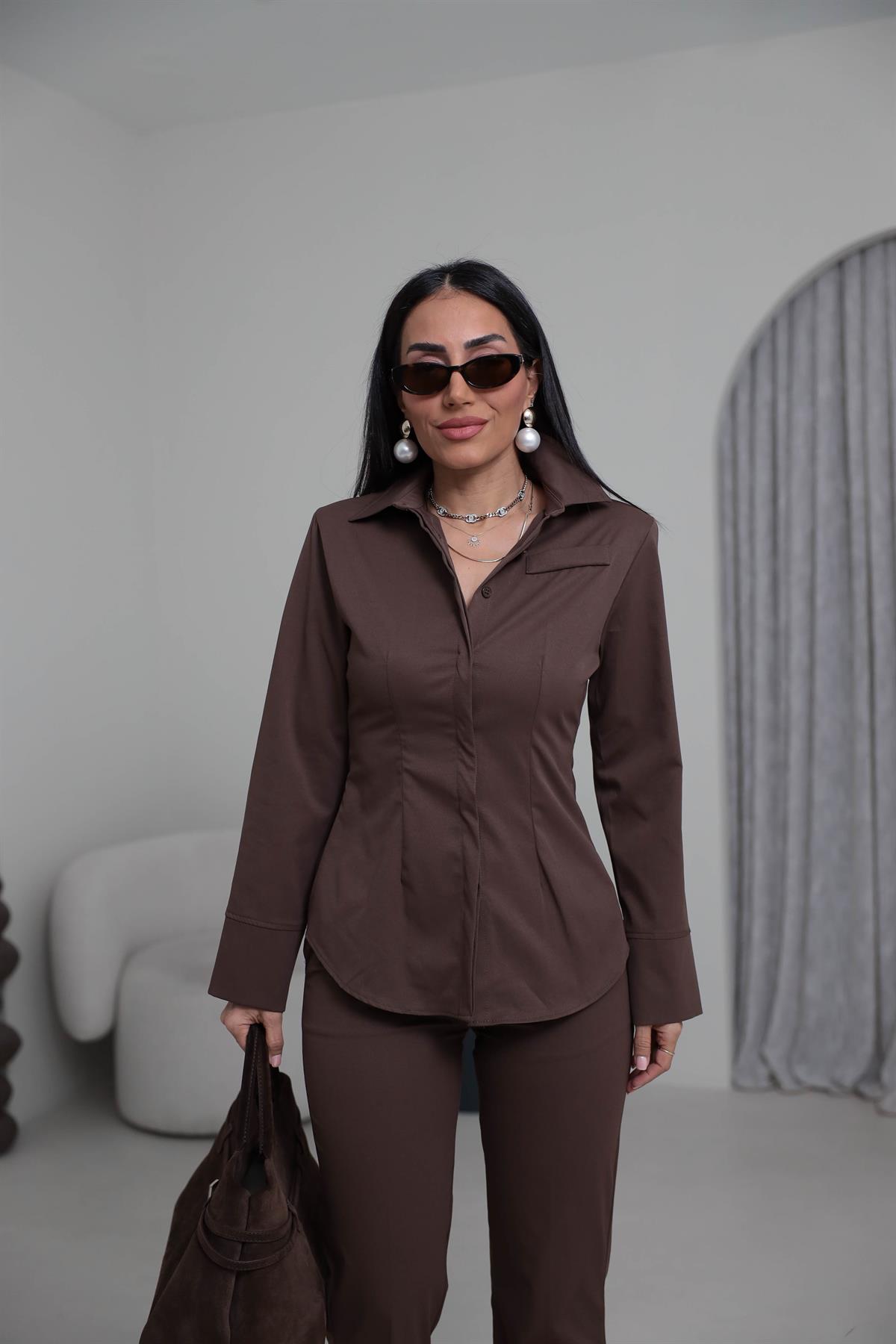 0830 Vatkalı ve Cep Detaylı Gömlek Pantolon Takım KAHVE