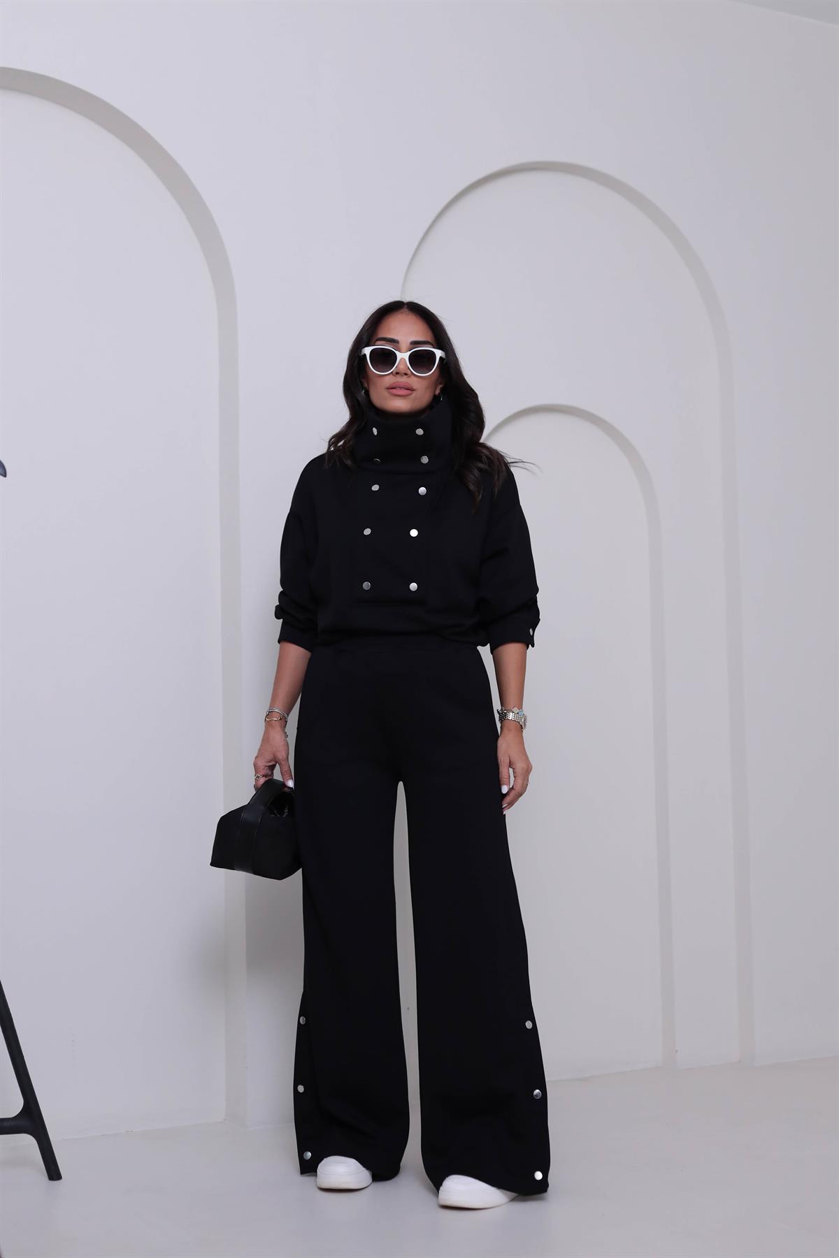 6704 Dik Yaka Çıtçıt Detaylı Modal Takım SİYAH