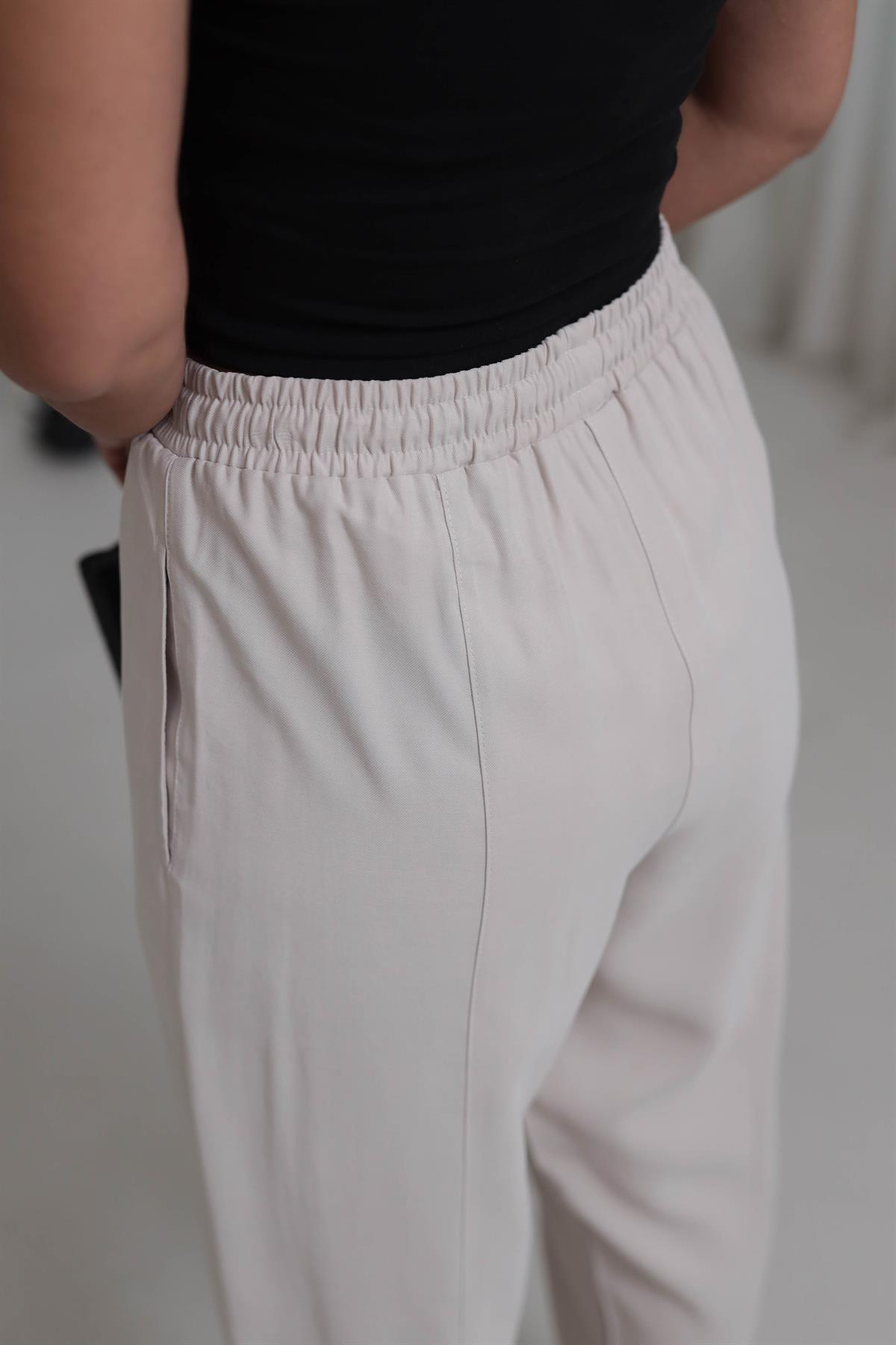6703 Bel Lastikli Tencel Dokulu Boncuklu Pantolon BEJ