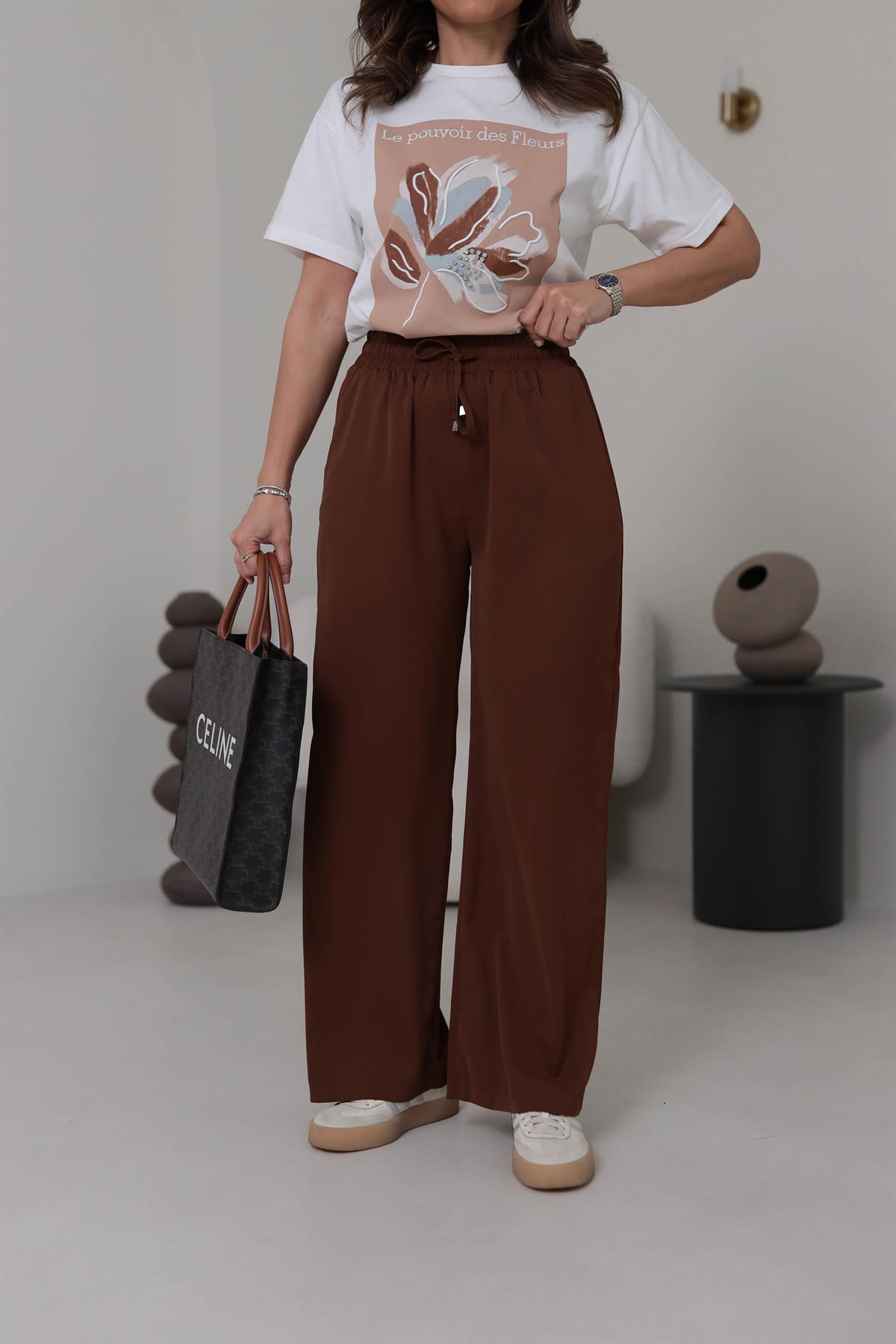 0858 Bel Lastikli Döküm Palazzo Pantolon KAHVE