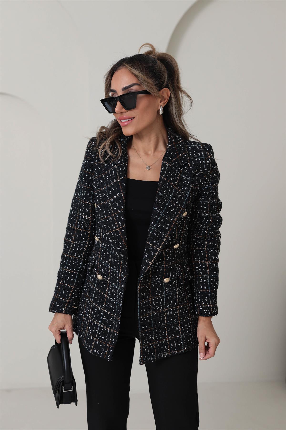 6213 Kruvaze Yaka Gold Düğmeli Tüvit Ceket SİYAH