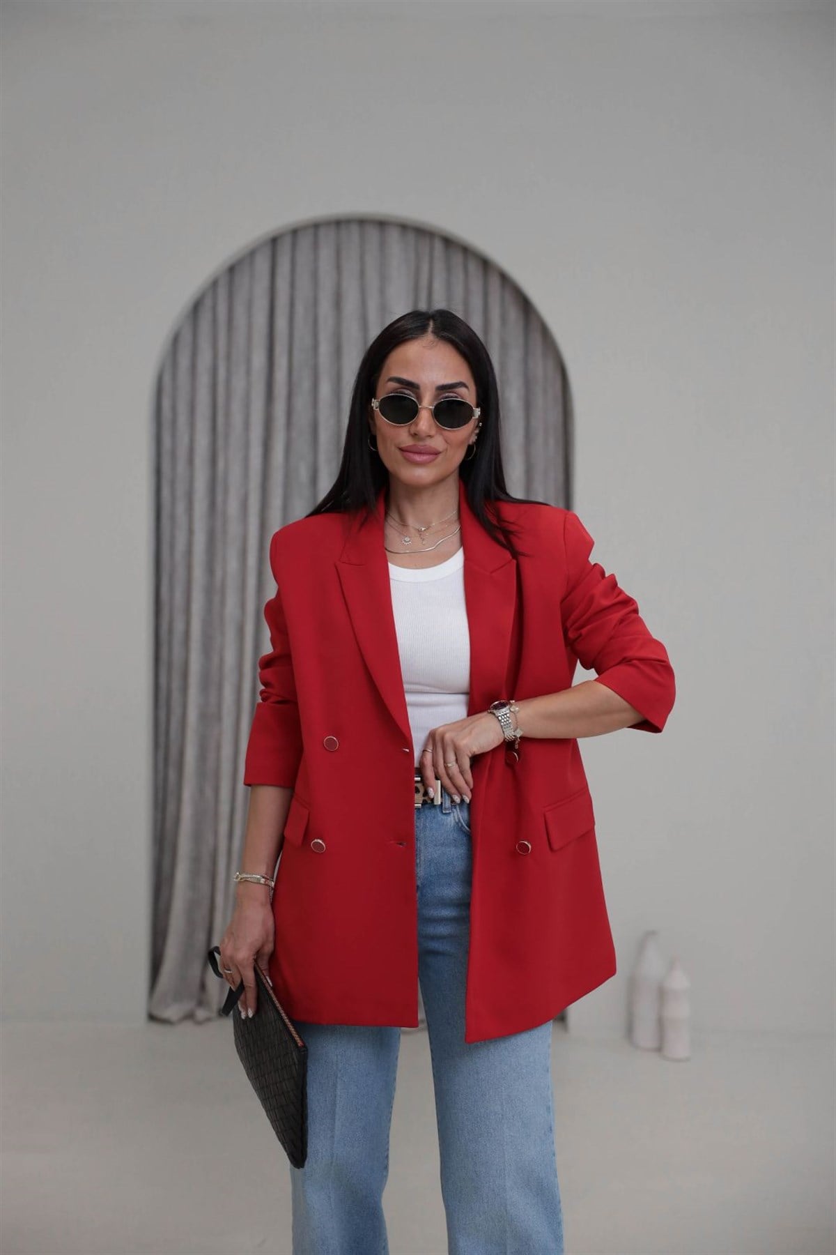 4512 Vatkalı Çift Düğme Detaylı Blazer Ceket KIRMIZI