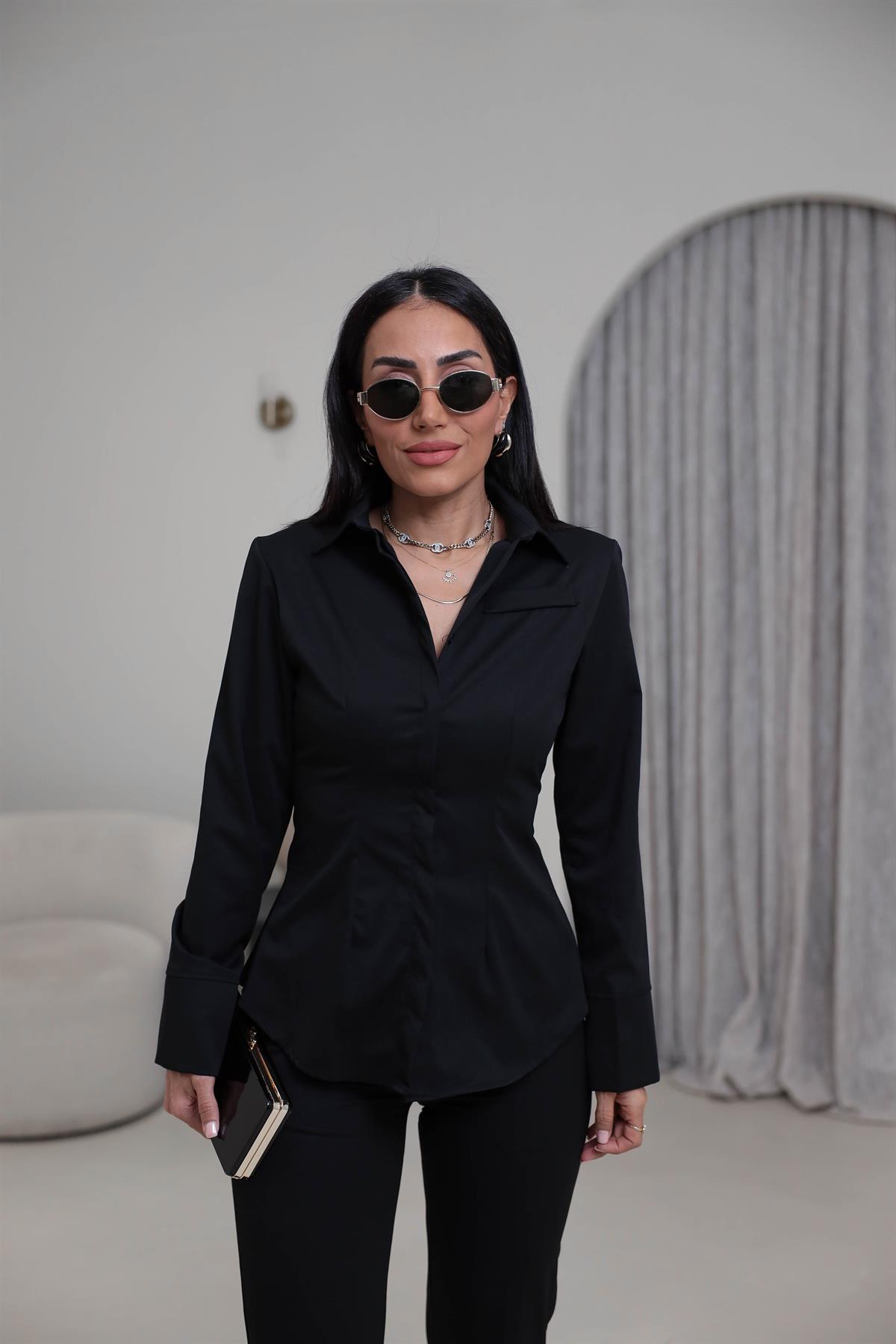 0830 Vatkalı ve Cep Detaylı Gömlek Pantolon Takım SİYAH