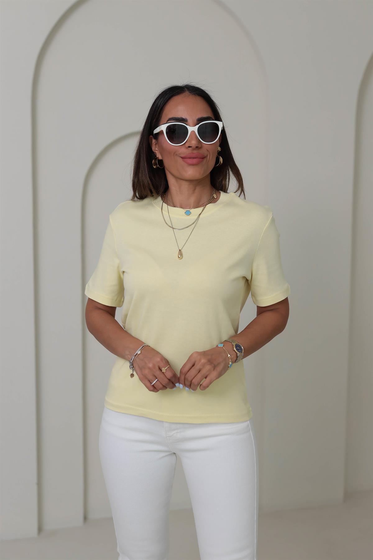 1075 Bisiklet Yaka Pamuklu Basic Tshirt AÇIK SARI